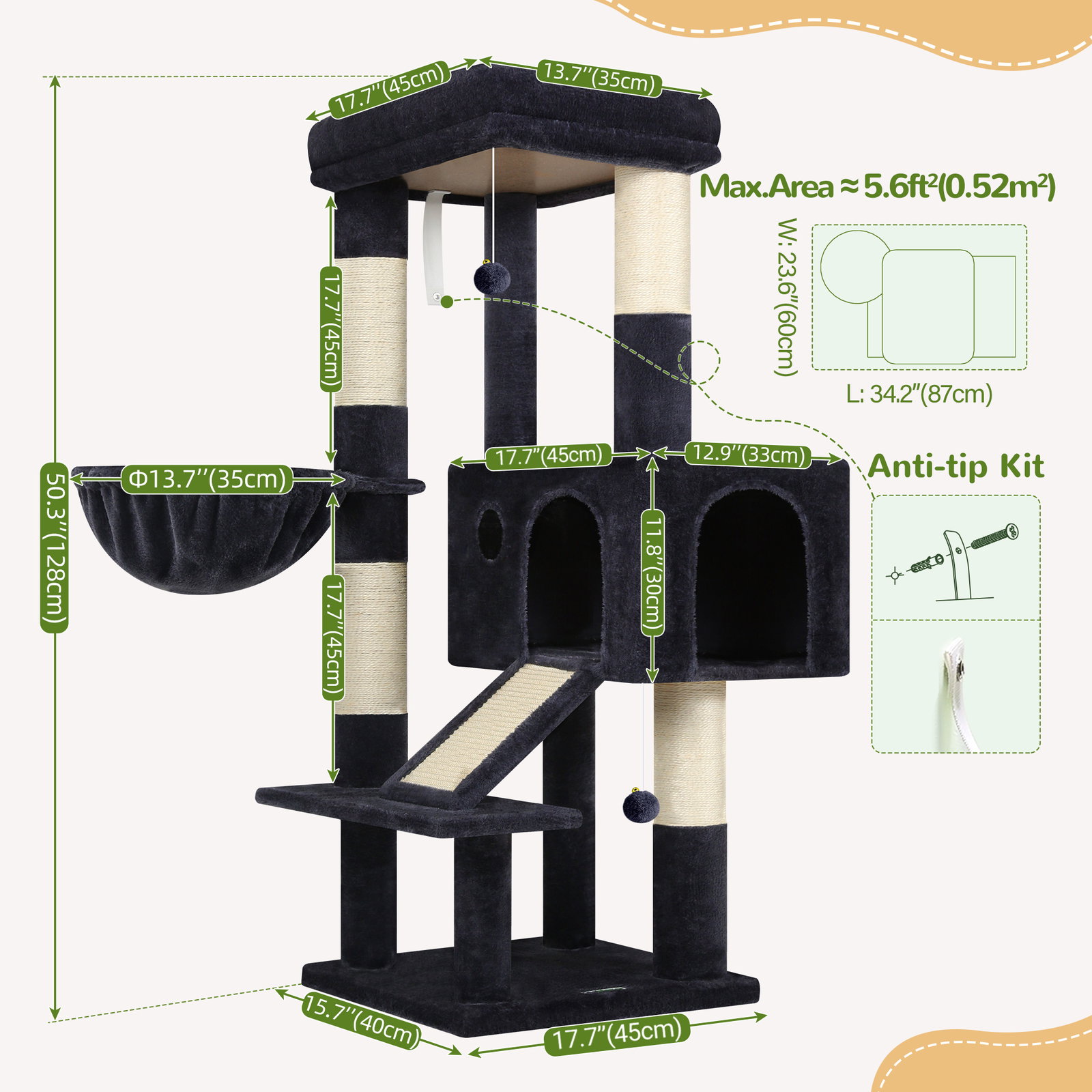 S50  Cat Tree For Large Cats(Dark Grey,50-inch)