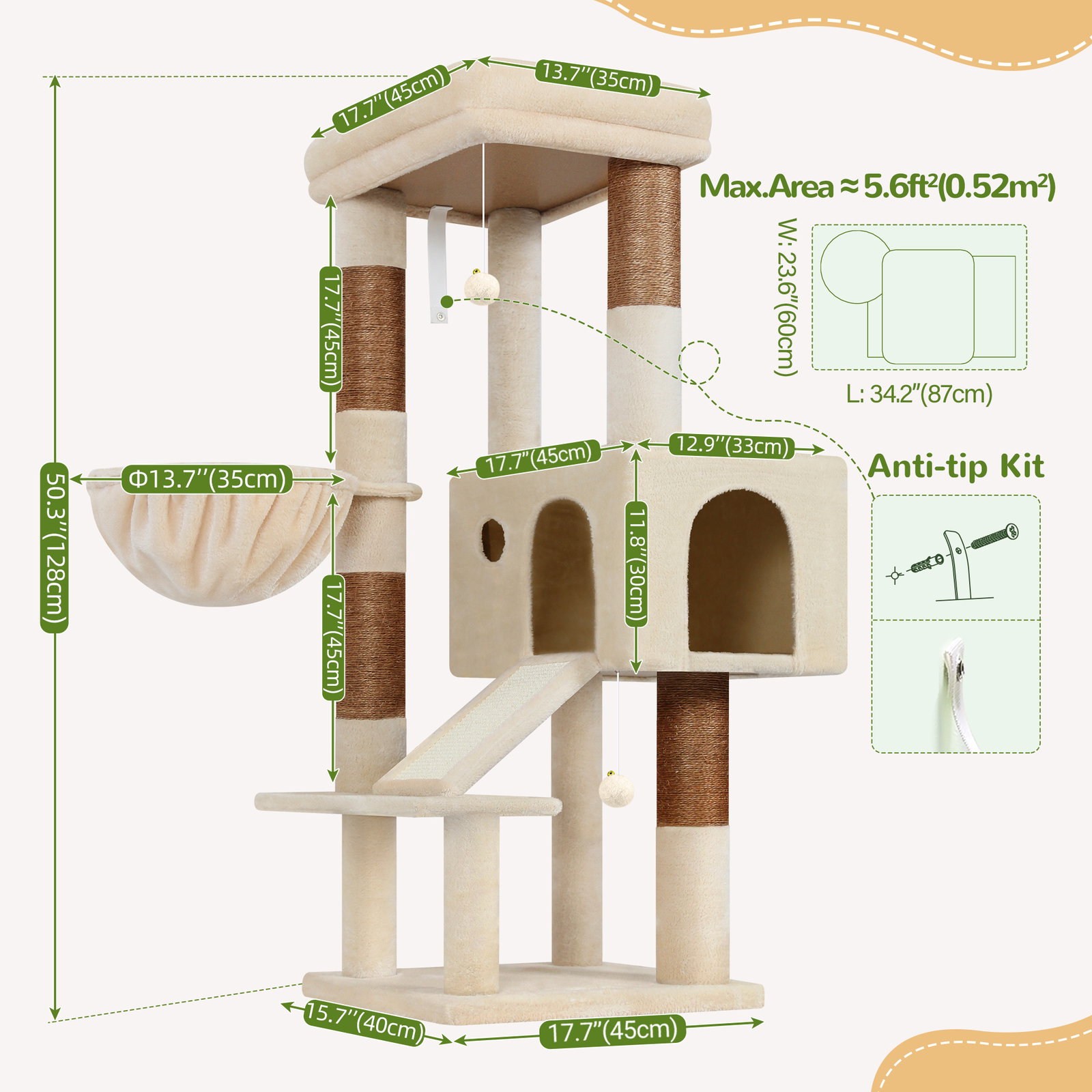 S50  Cat Tree For Large Cats(Beige,50-inch)