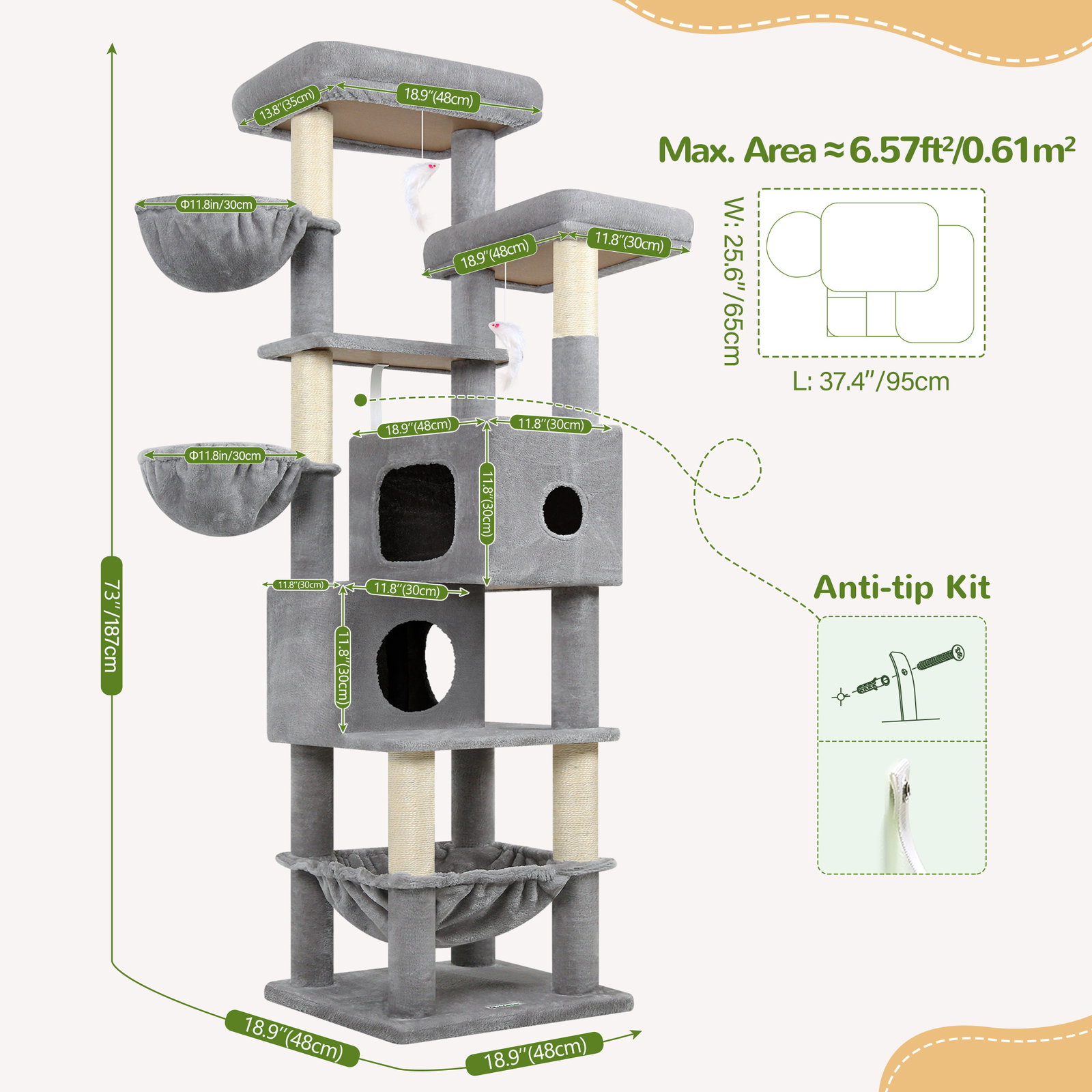S73 Cat Tree(Light Grey,73-inch)