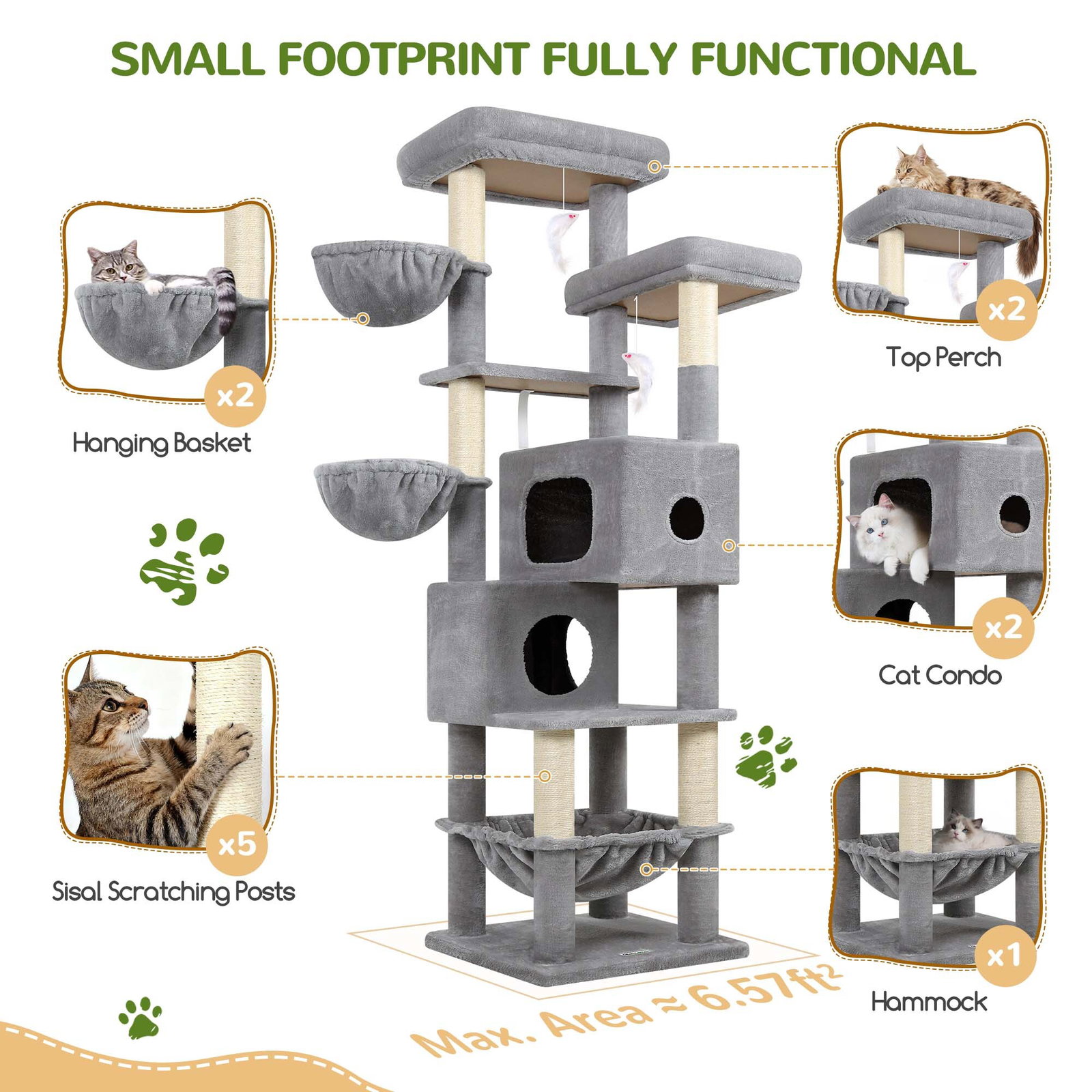 S73 Cat Tree(Light Grey,73-inch)