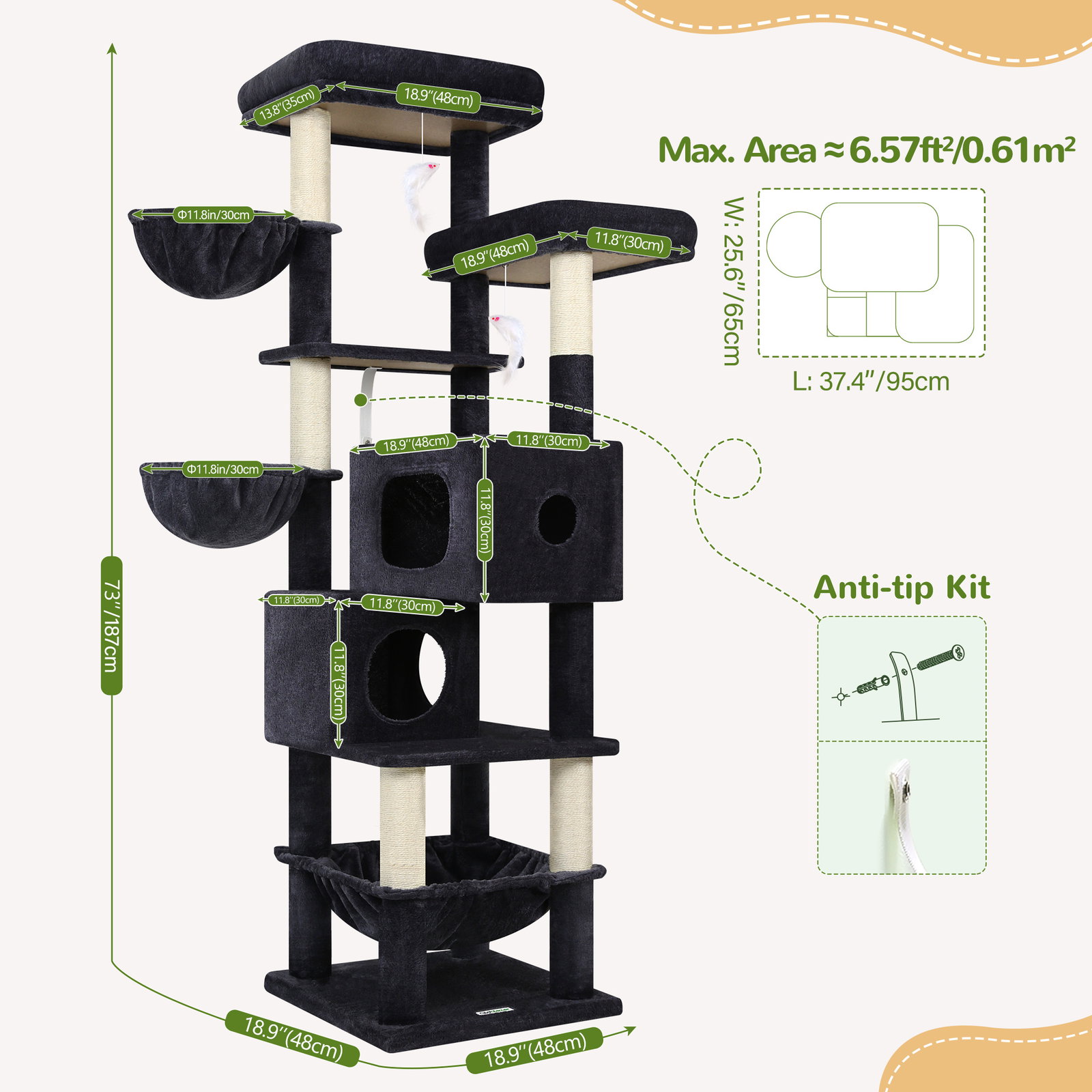 S73 Cat Tree(Dark Grey,73-inch)