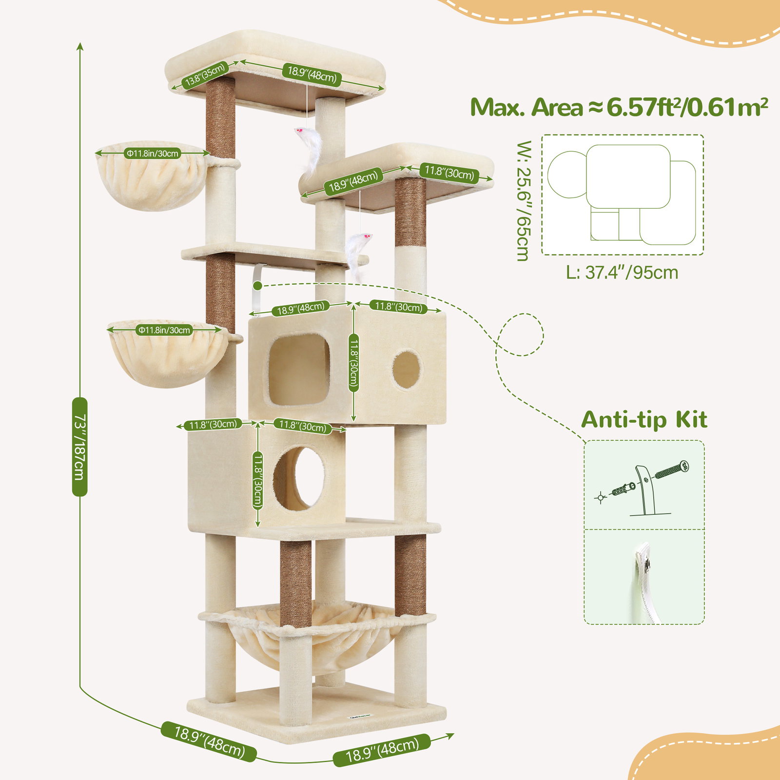 S73 Cat Tree(Beige,73-inch)