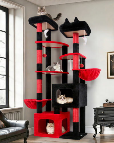 S74E Heavy Duty Cat Tree(Gothic Red Black,74-inch)
