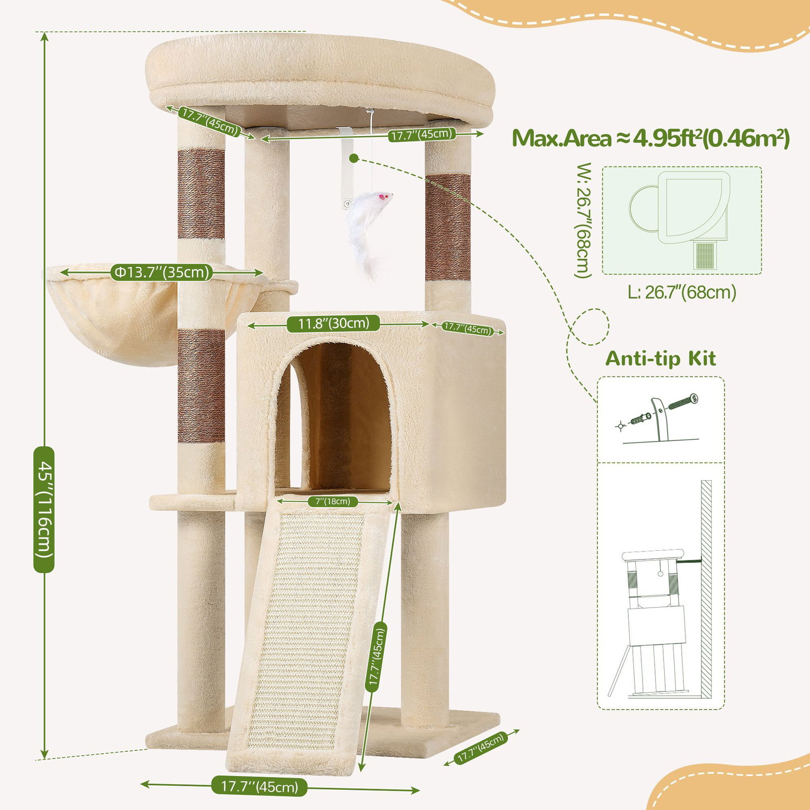 F45 Cat Tree For Large Cats(Beige,45-inch)