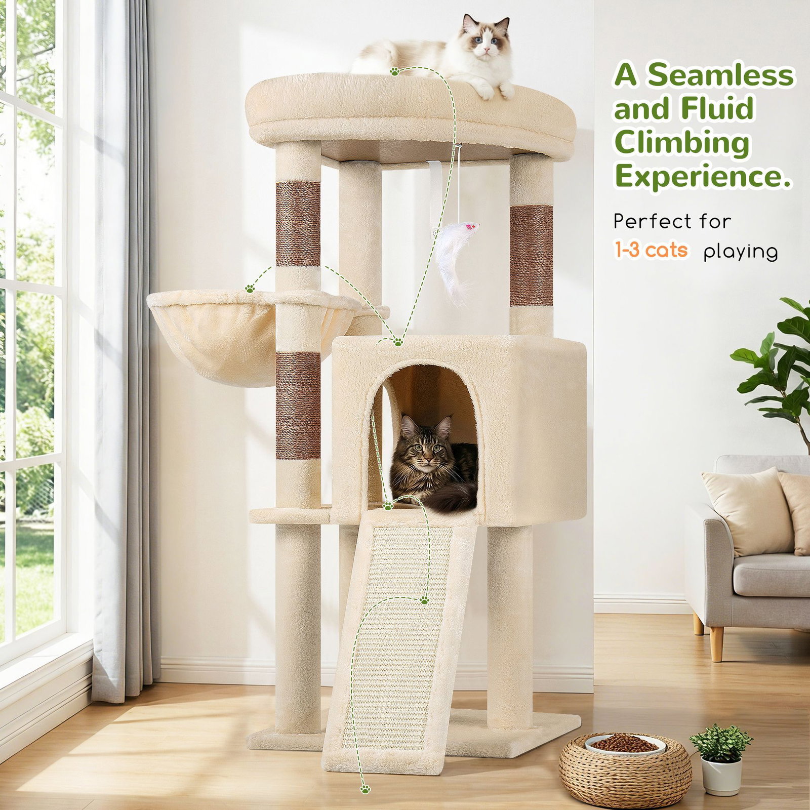F45 Cat Tree For Large Cats(Beige,45-inch)