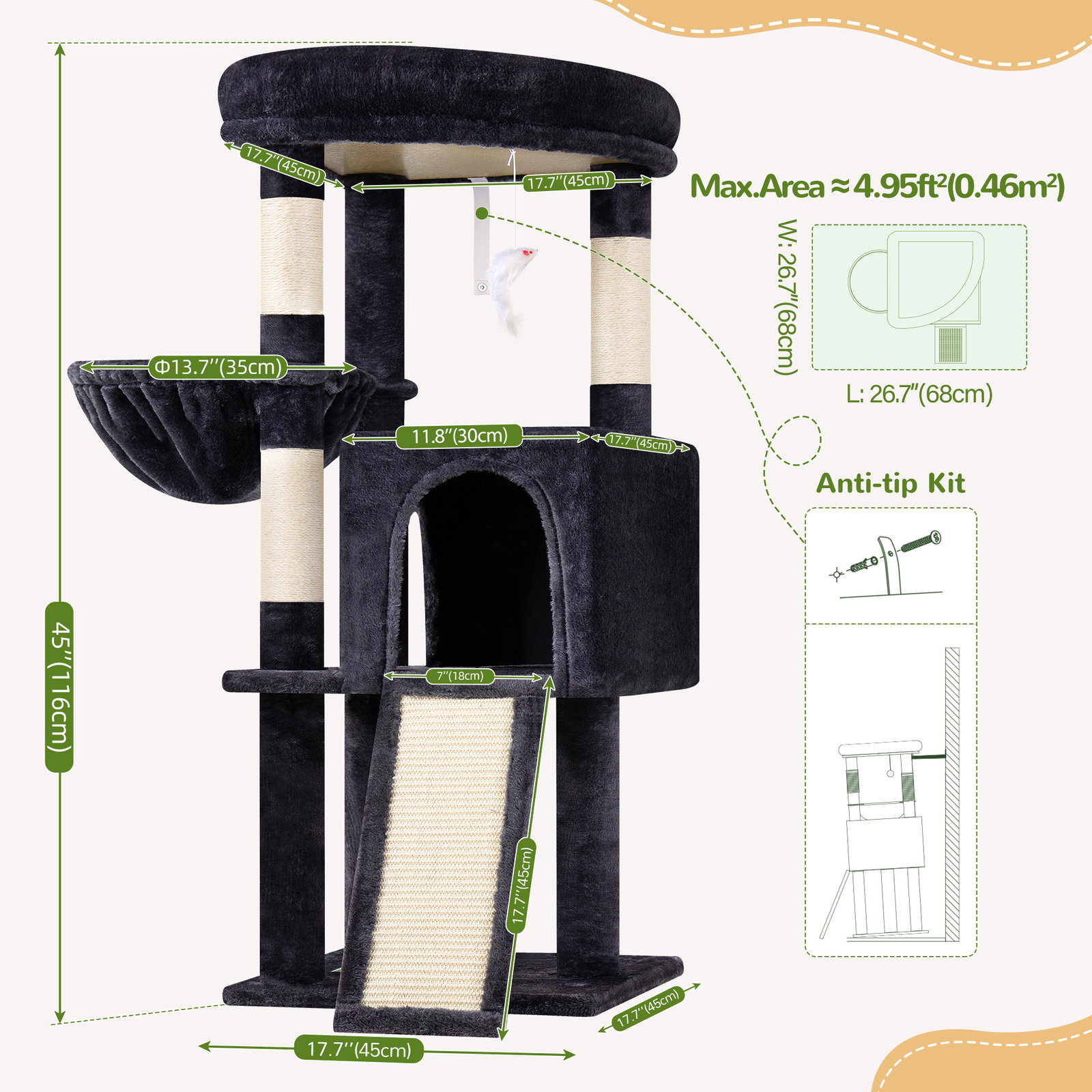 F45 Cat Tree For Large Cats(Dark Grey,45-inch)