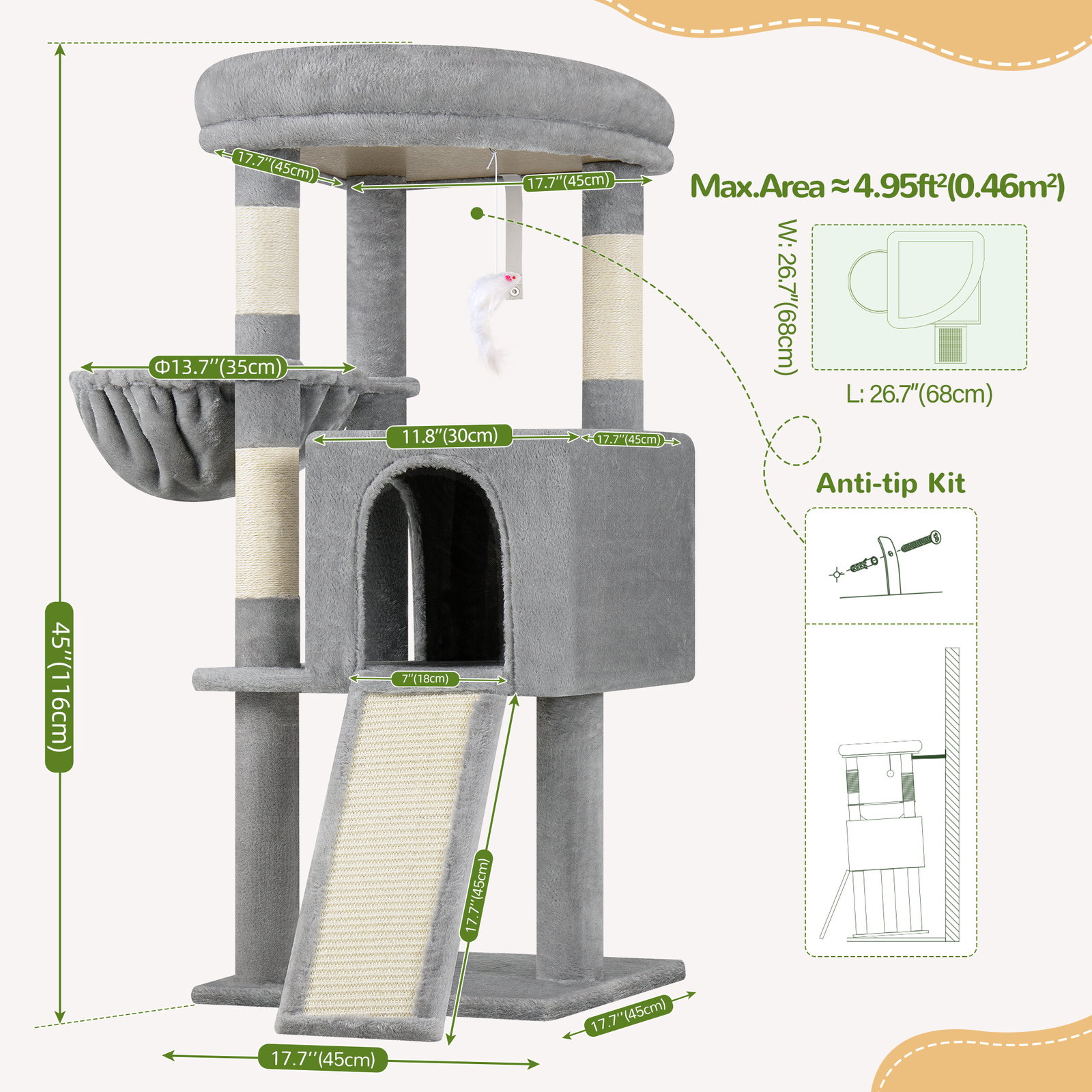 F45 Cat Tree For Large Cats(Light Grey,45-inch)