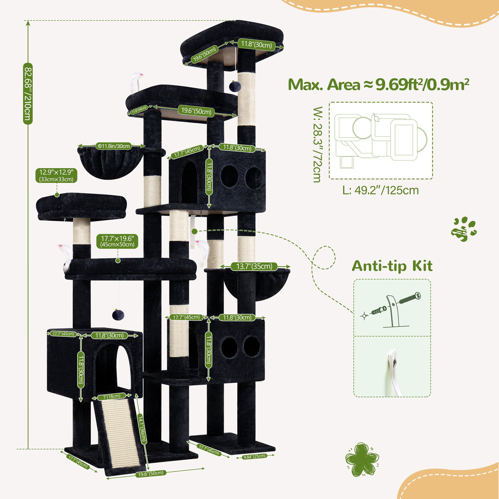 S82D Heavy Duty Cat Tree(Dark Grey,82-inch)