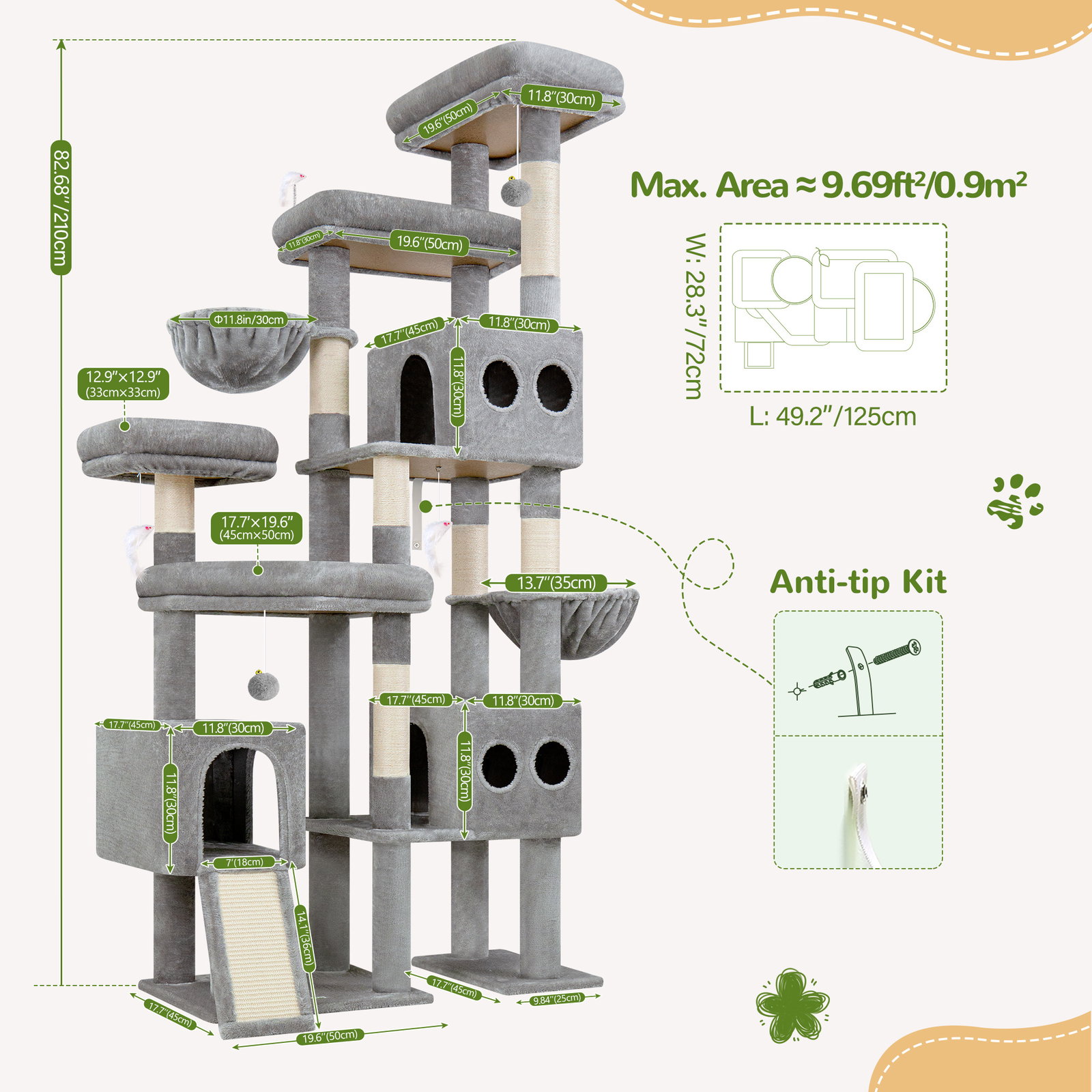 S82D Heavy Duty Cat Tree(Light Grey,82-inch)
