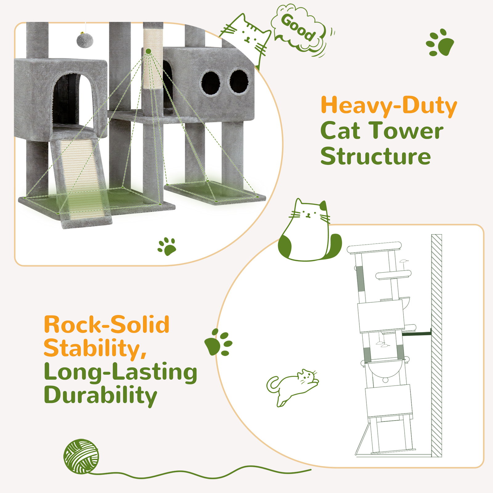 S82D Heavy Duty Cat Tree(Light Grey,82-inch)