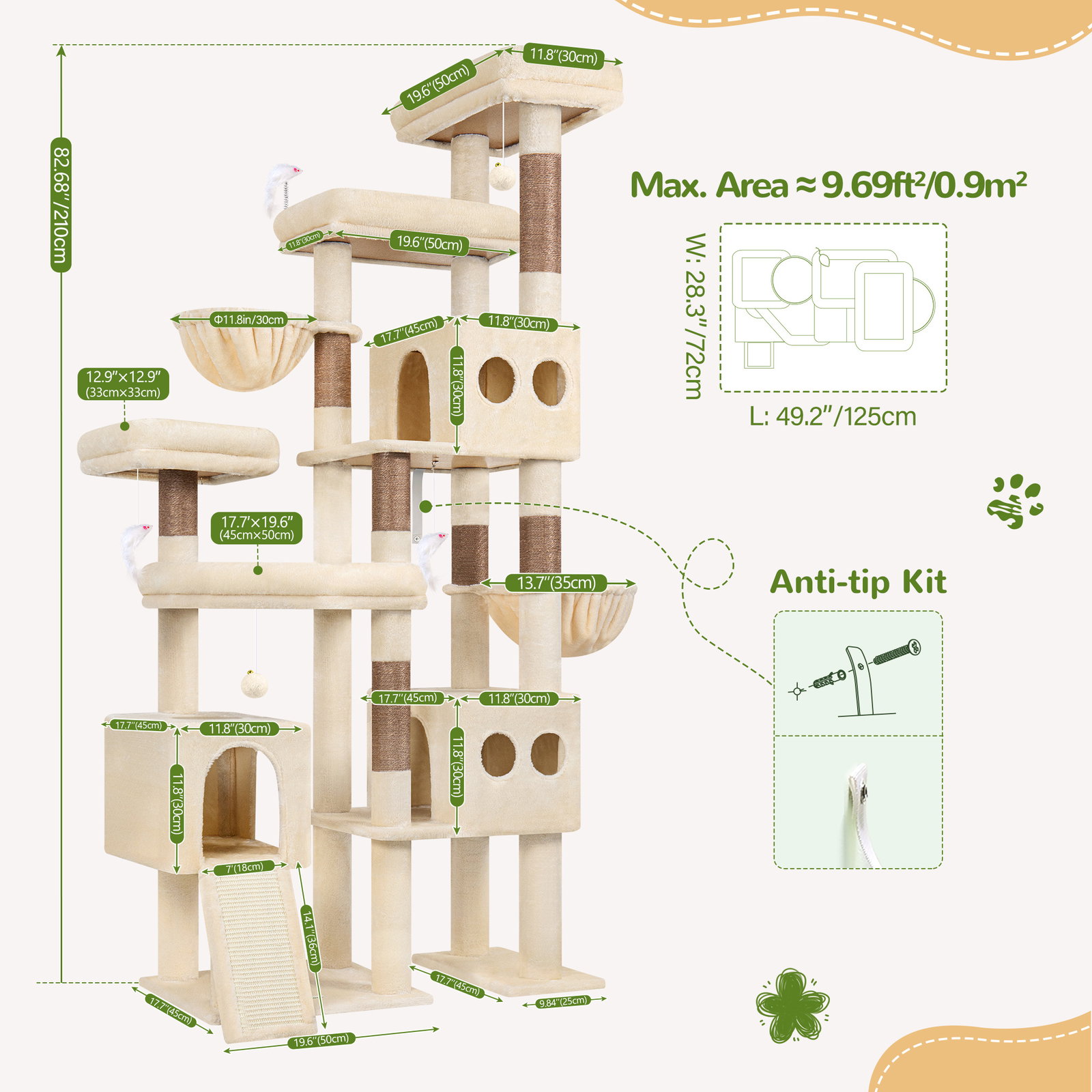 S82D Heavy Duty Cat Tree(Beige,82-inch)