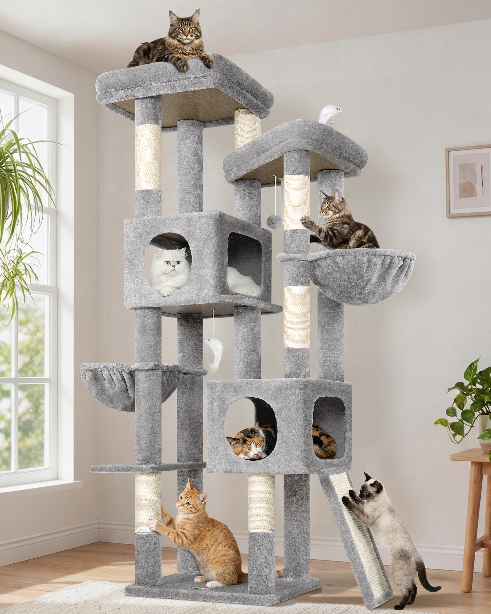 S72E Heavy Duty Cat Tree(Light Grey,72-inch)