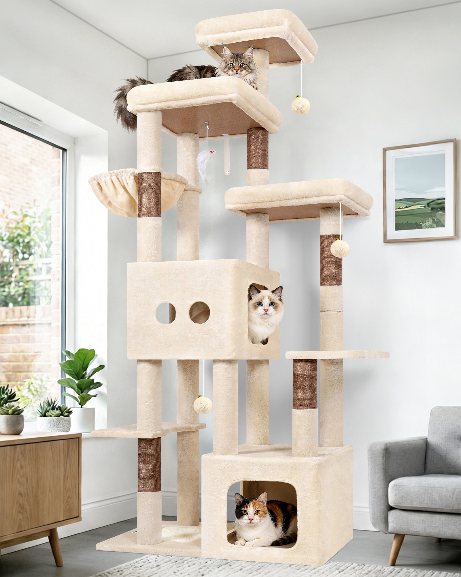 F80E Tall Cat Tree(Beige,80-inch)