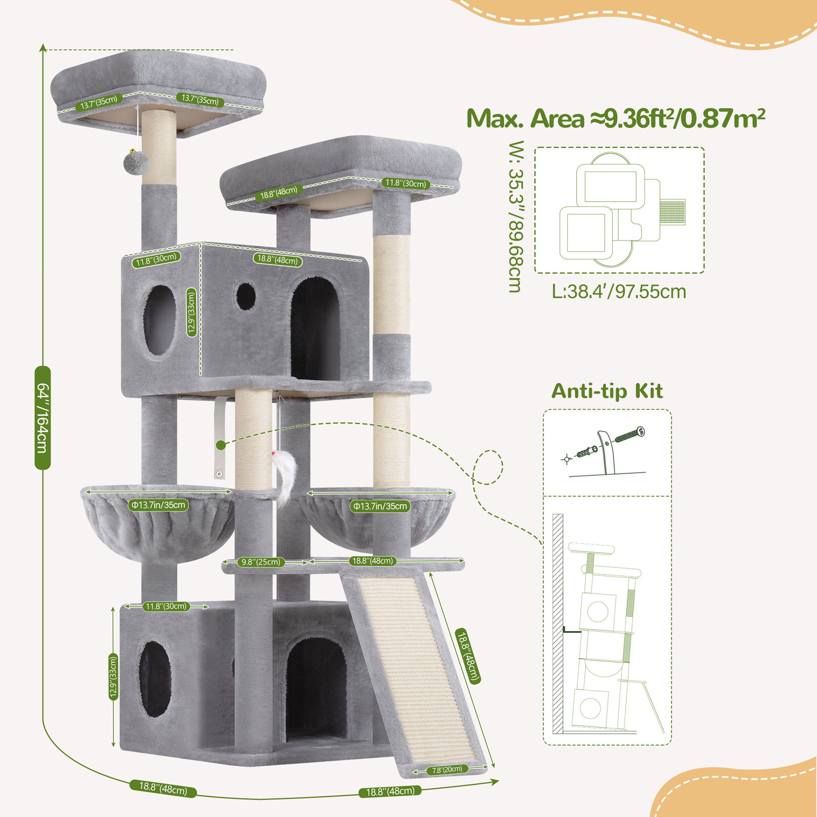 F64B Cat Tower(Light Grey,64-inch)