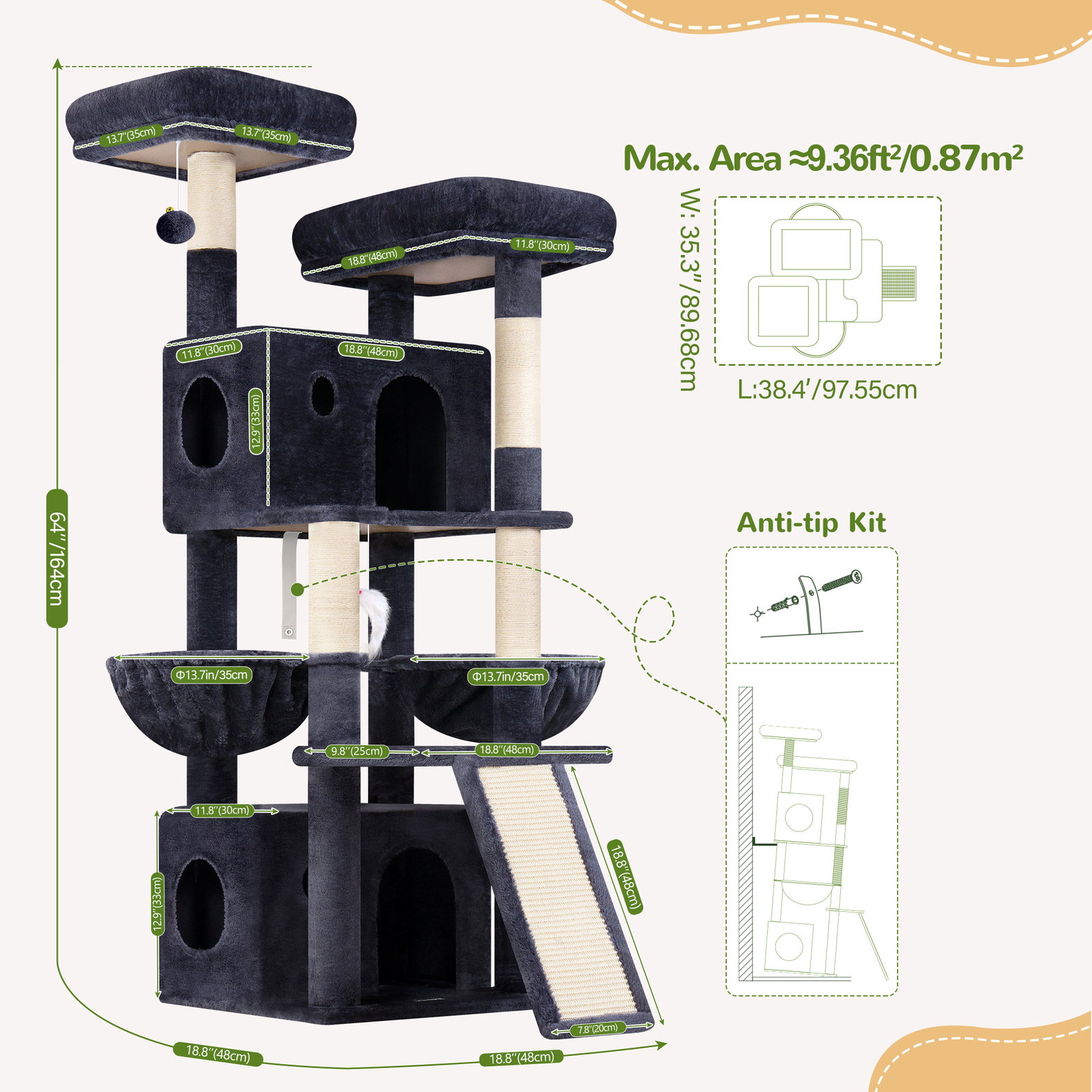 F64B Cat Tower(Dark Grey,64-inch)