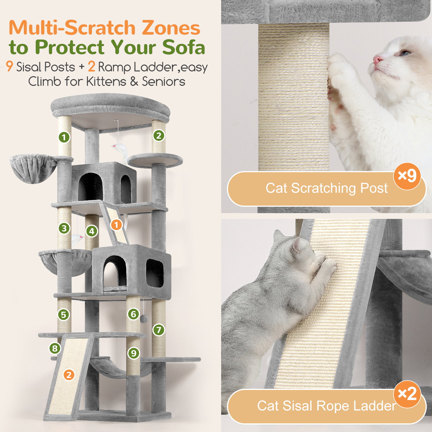 S81F Cat Tree For Large Cats(Light Grey,81-inch)