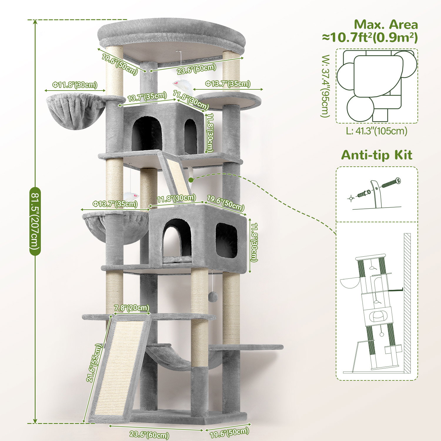 S81F Cat Tree For Large Cats(Light Grey,81-inch)