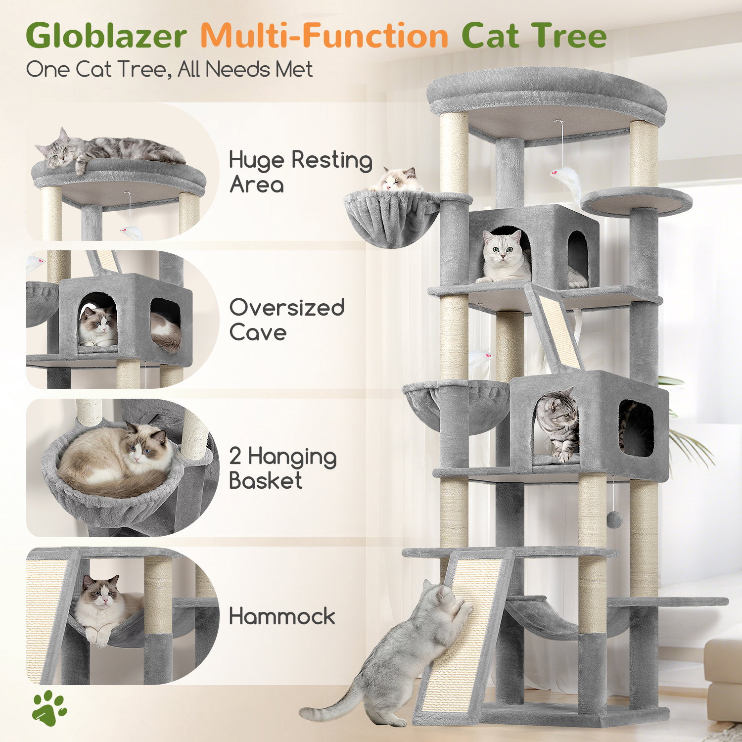 S81F Cat Tree For Large Cats(Light Grey,81-inch)