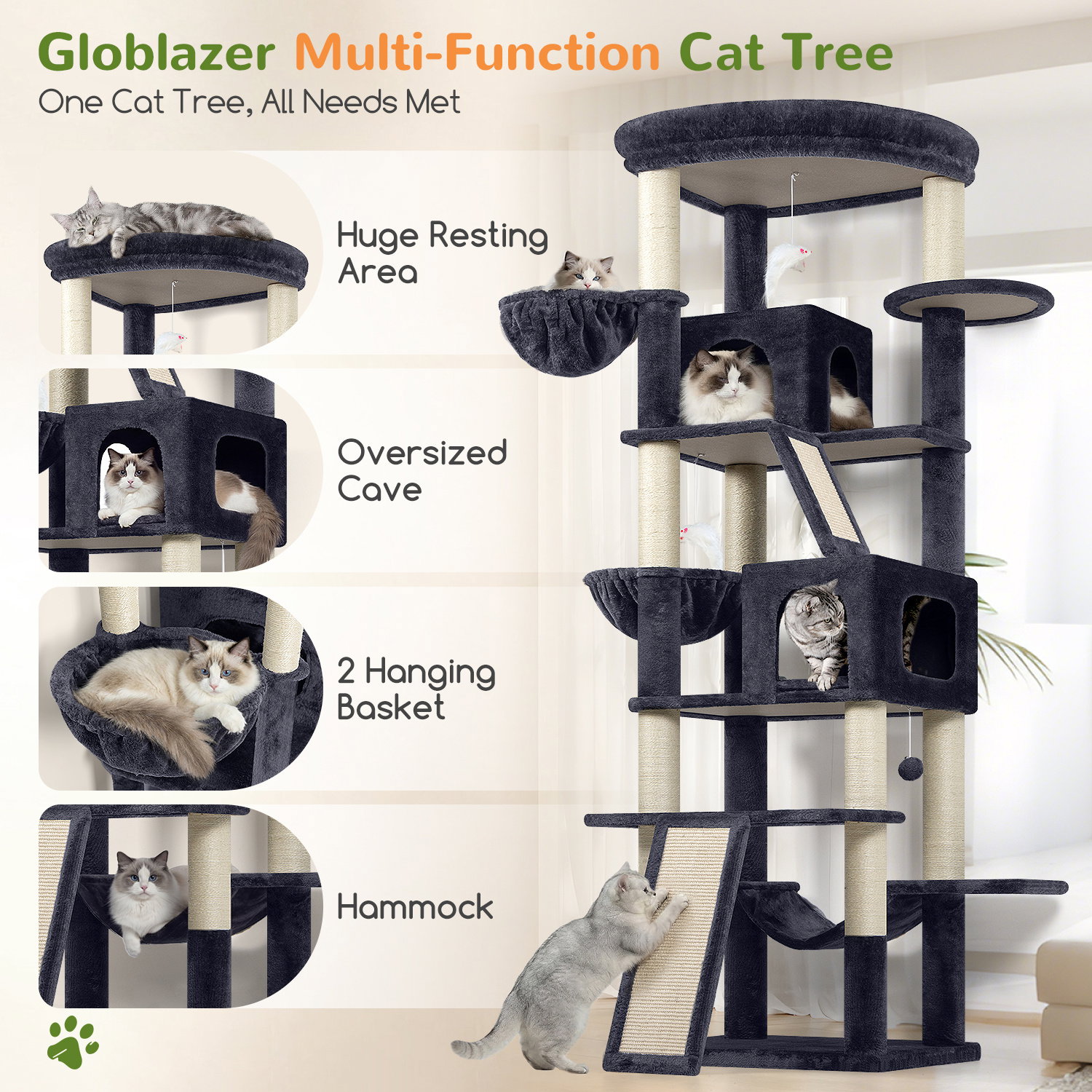 S81F Cat Tree For Large Cats(Dark Grey,81-inch)
