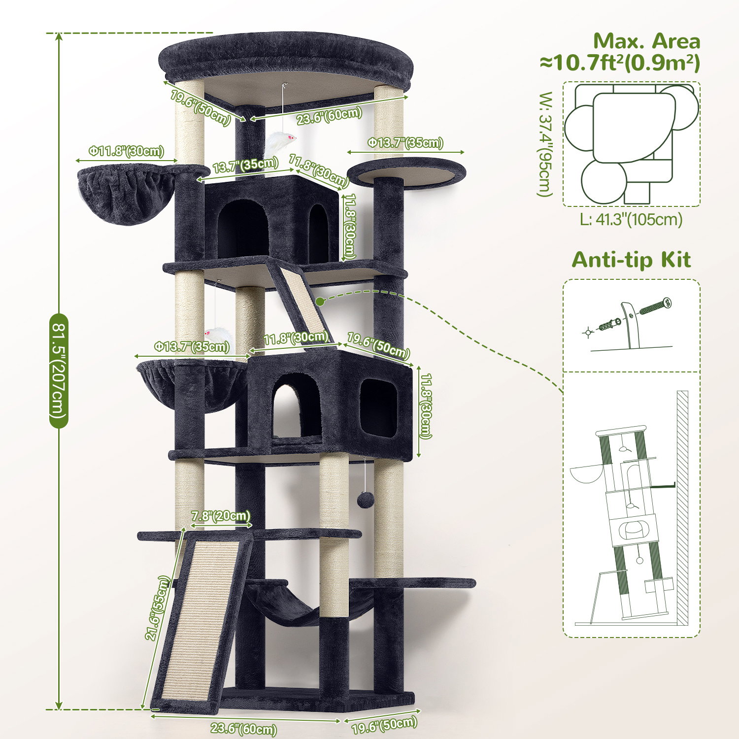 S81F Cat Tree For Large Cats(Dark Grey,81-inch)