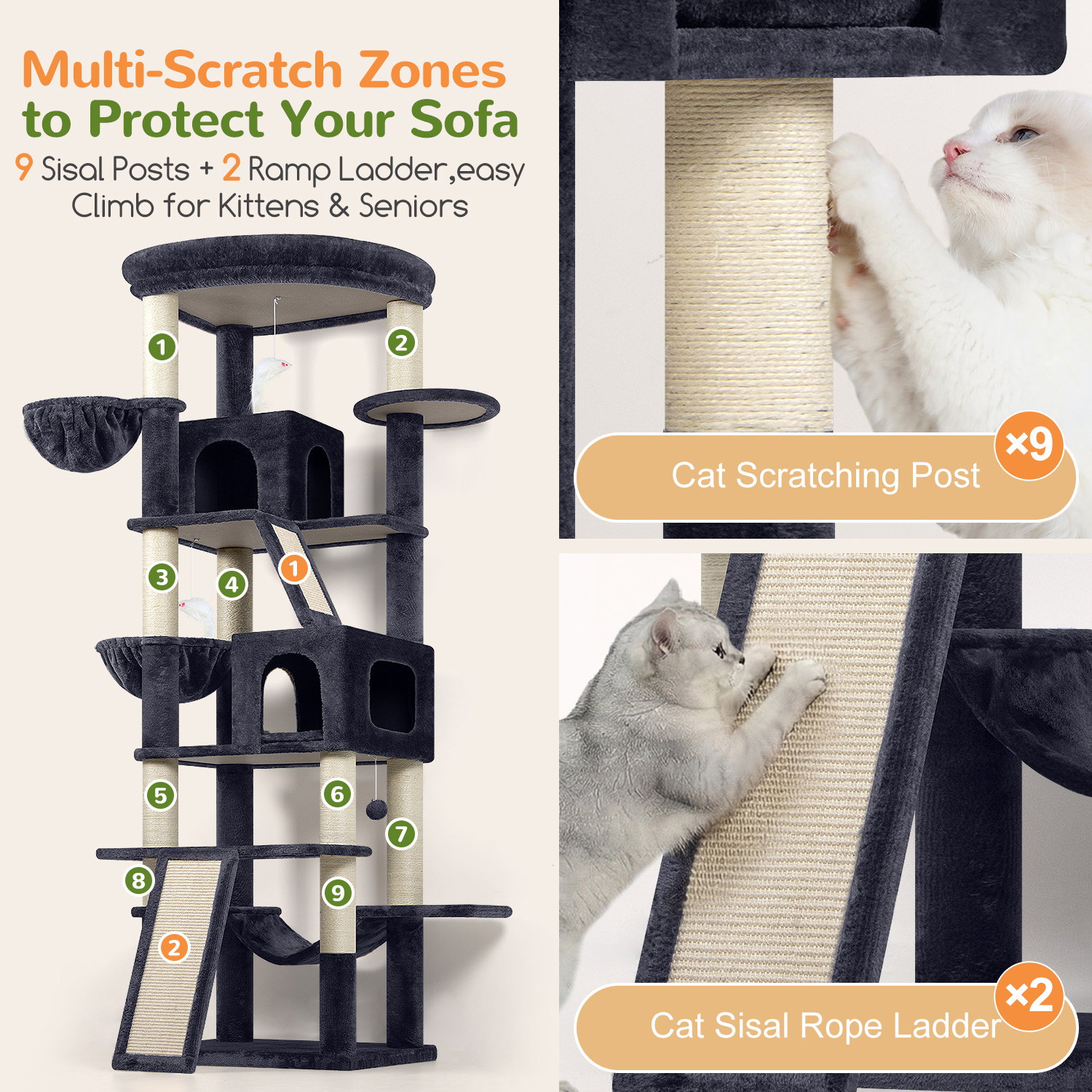 S81F Cat Tree For Large Cats(Dark Grey,81-inch)