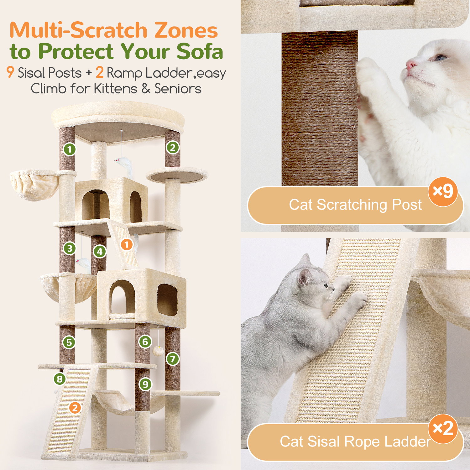 S81F Cat Tree For Large Cats(Beige,81-inch)