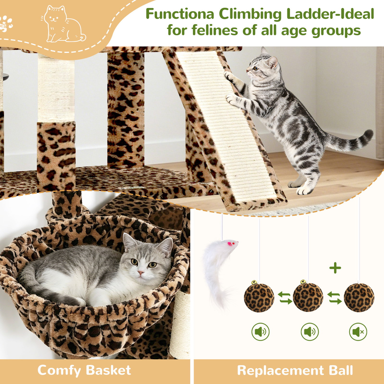 F83D Cat Tree For Large Cats(Leopard Print,83-inch)