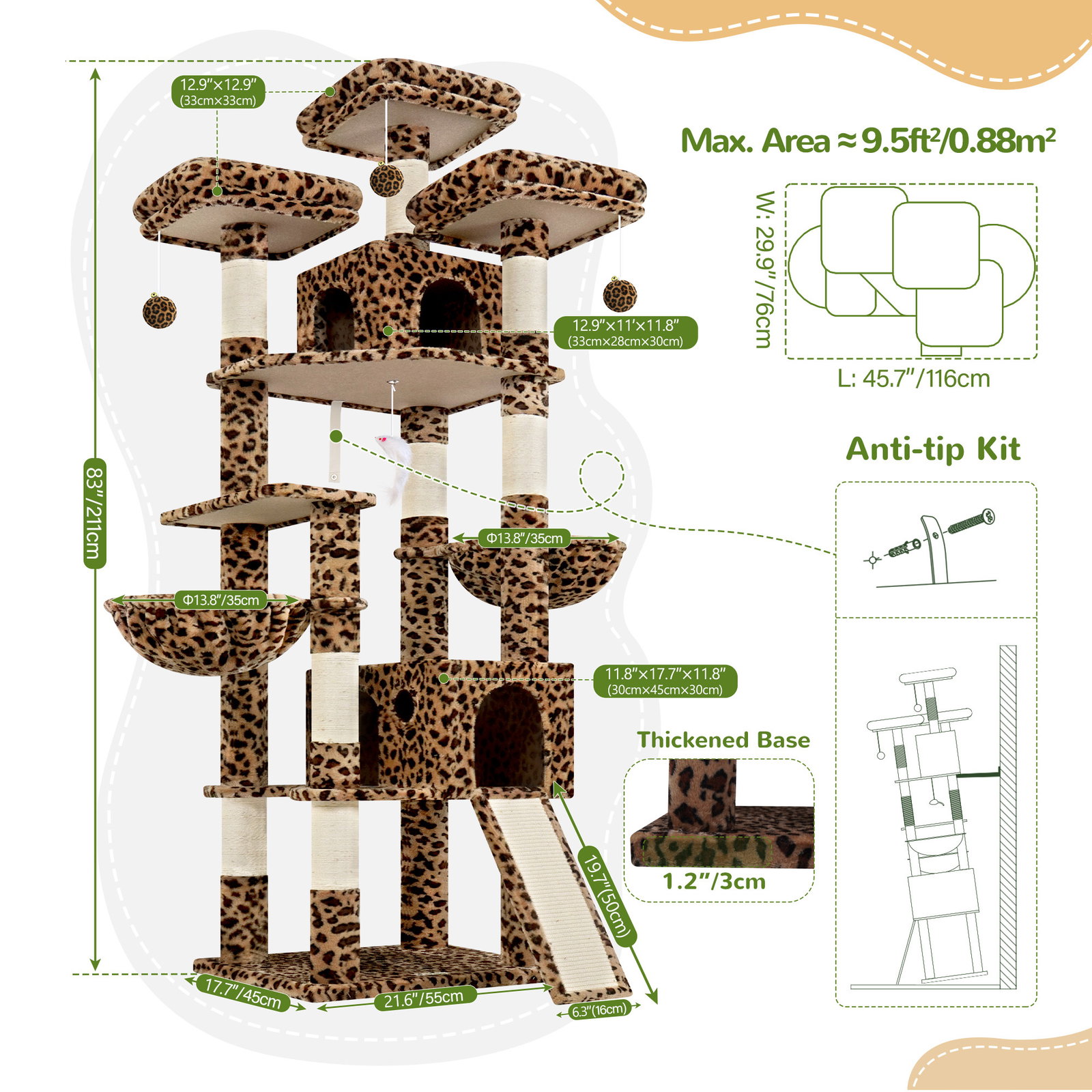 F83D Cat Tree For Large Cats(Leopard Print,83-inch)