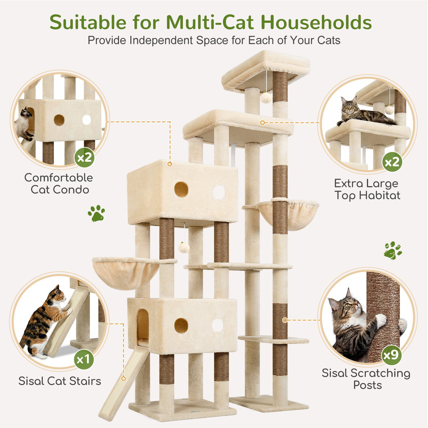S84D Tall Cat Tree(Beige,84-inch)