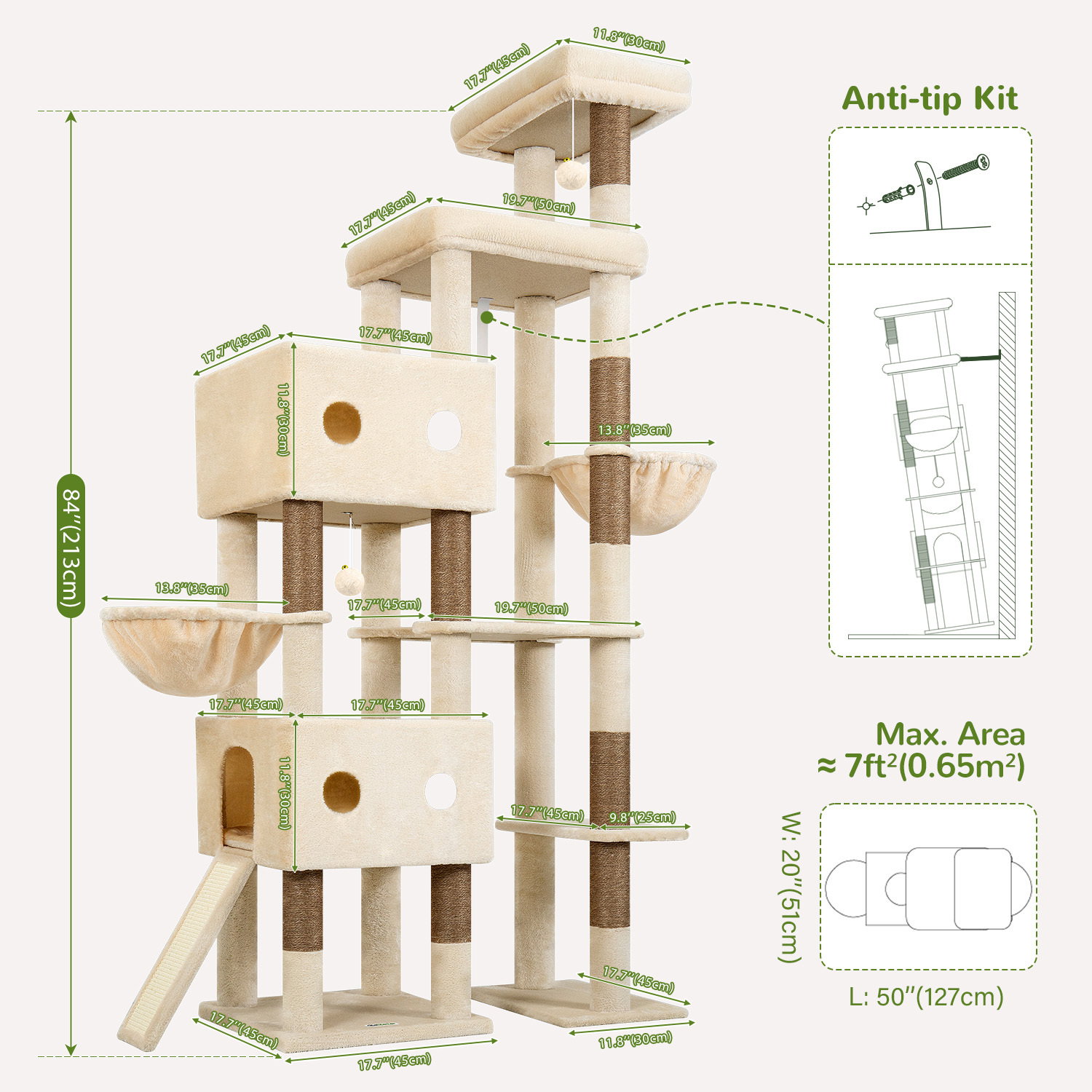 S84D Tall Cat Tree(Beige,84-inch)