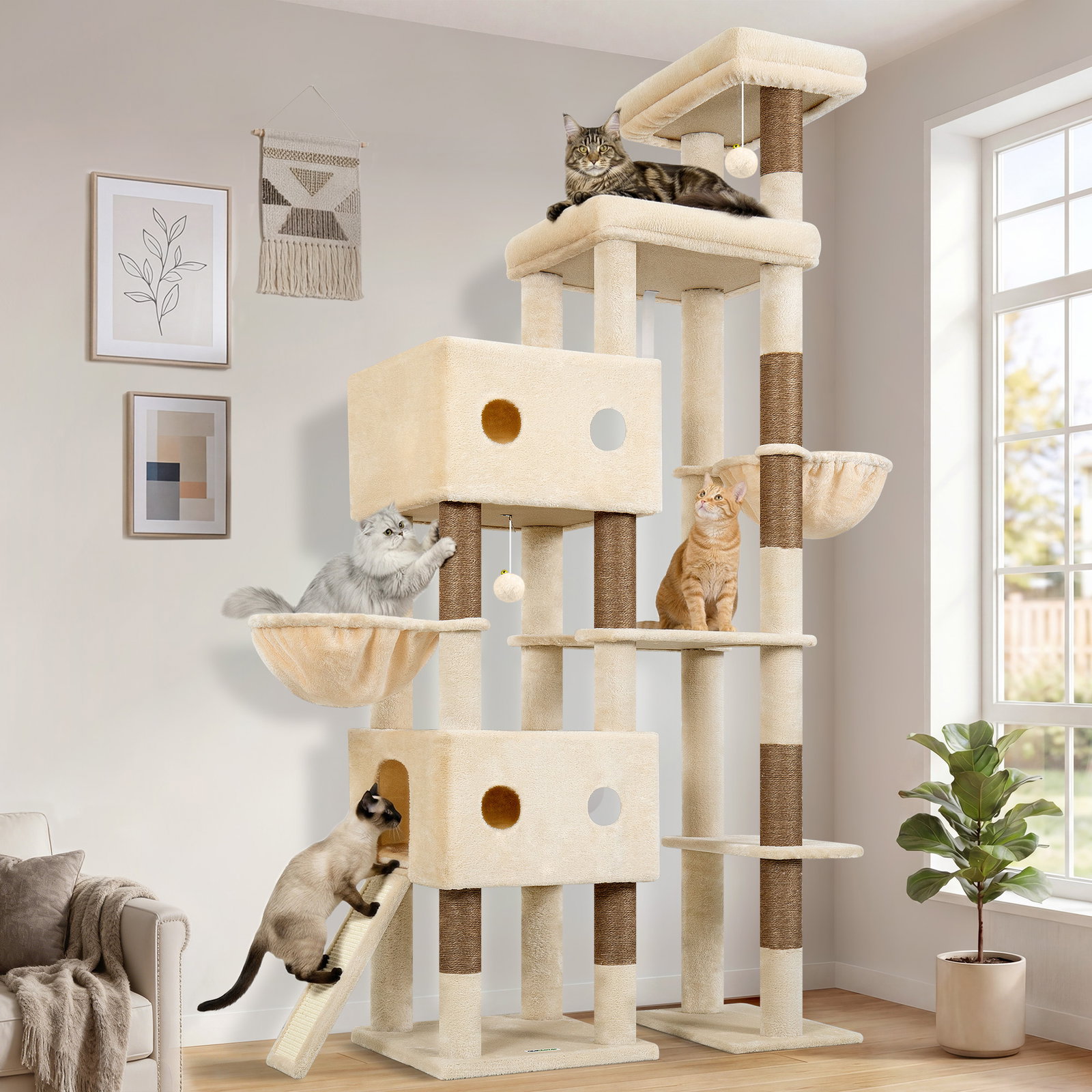 S84D Tall Cat Tree(Beige,84-inch)