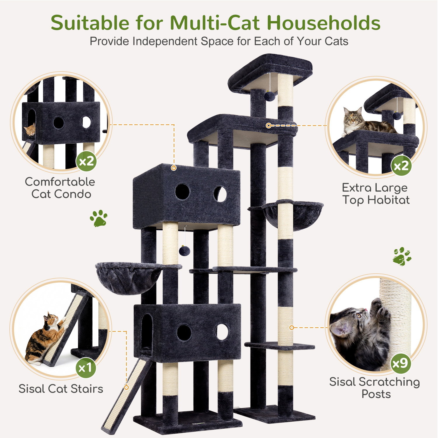 S84D Tall Cat Tree(Dark Grey,84-inch)