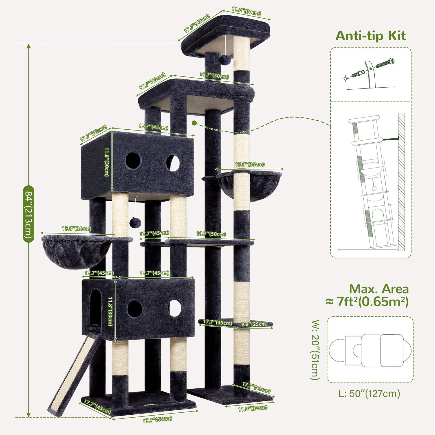 S84D Tall Cat Tree(Dark Grey,84-inch)