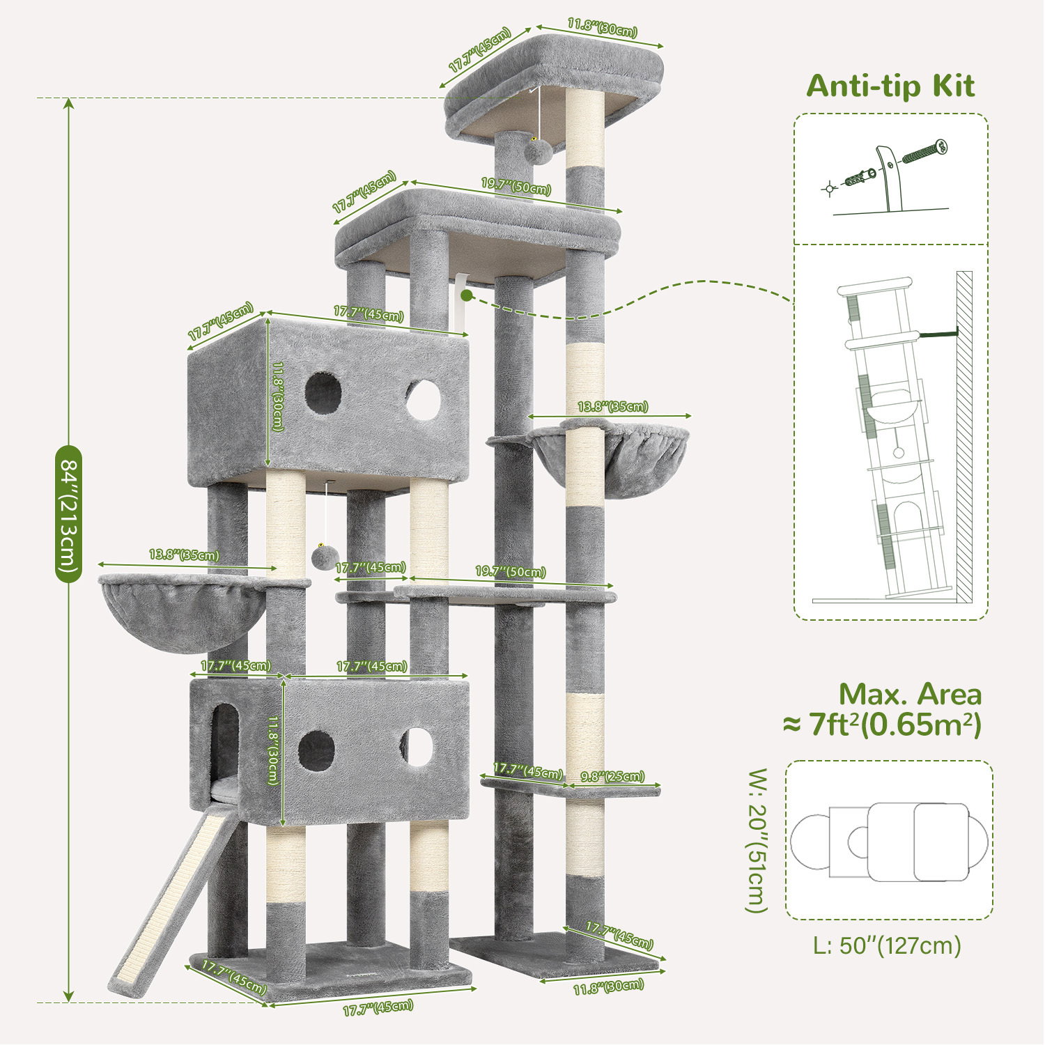 S84D Tall Cat Tree(Light Grey,84-inch)