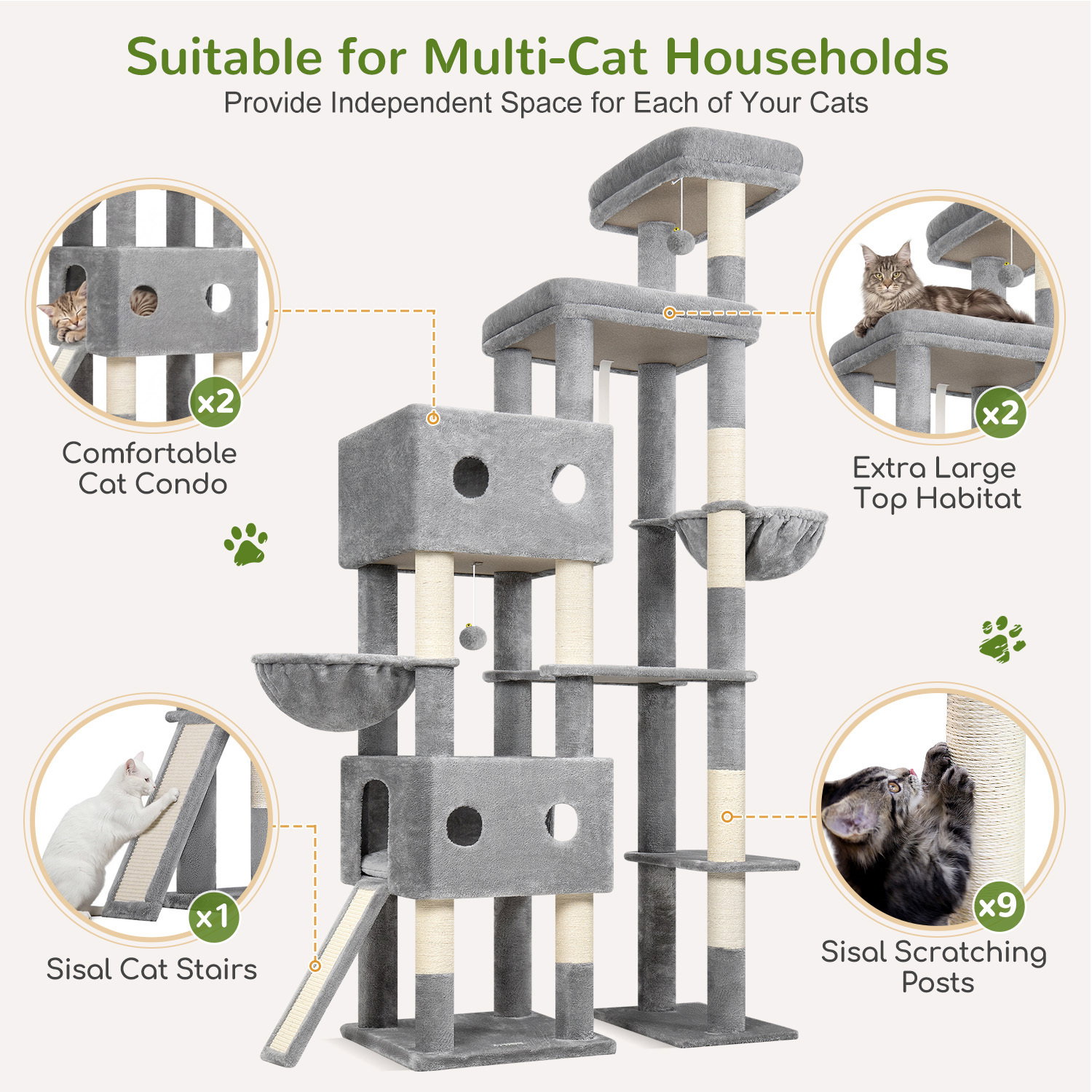 S84D Tall Cat Tree(Light Grey,84-inch)