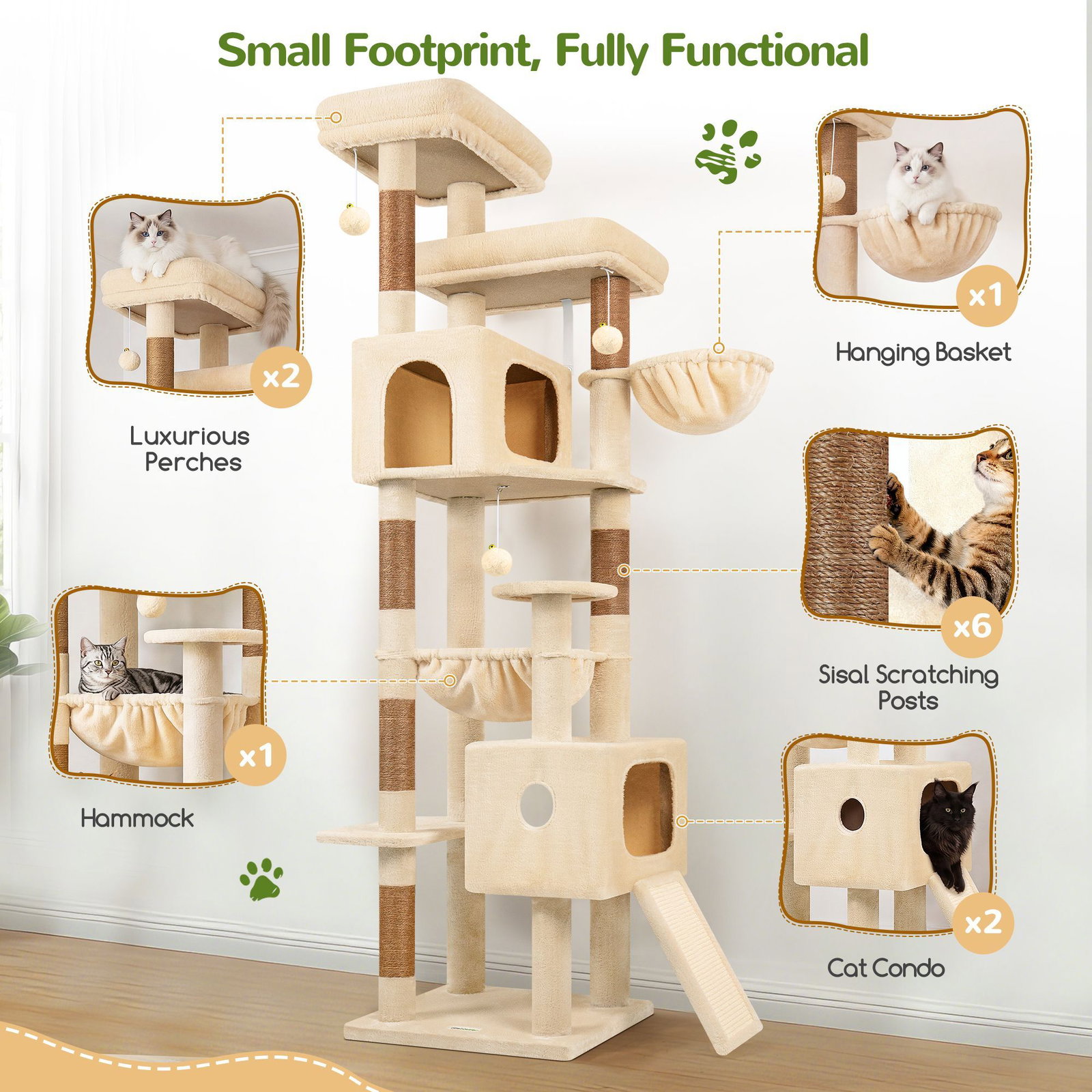 F80G Tall Cat Tree(Beige,80-inch)