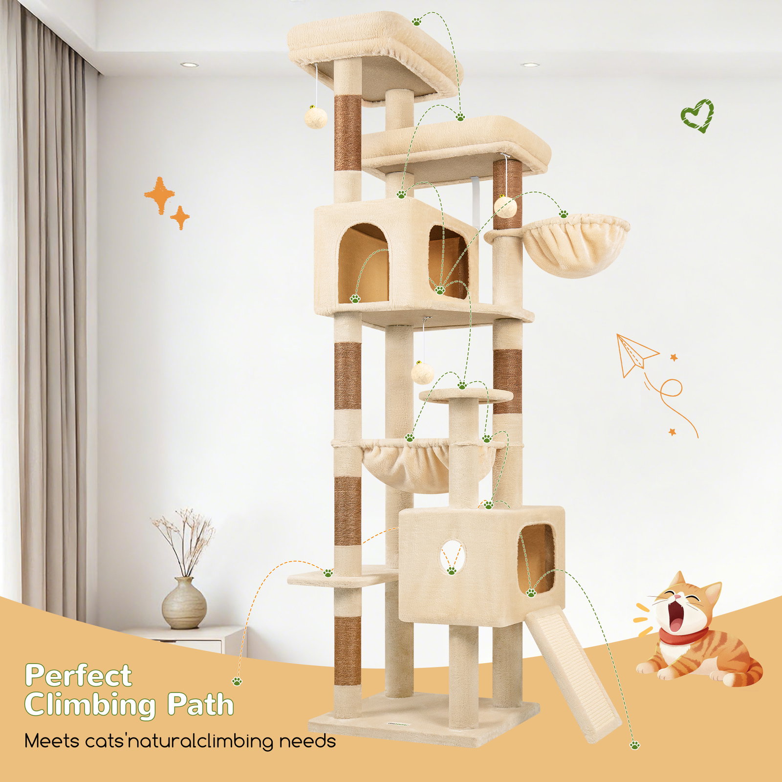 F80G Tall Cat Tree(Beige,80-inch)