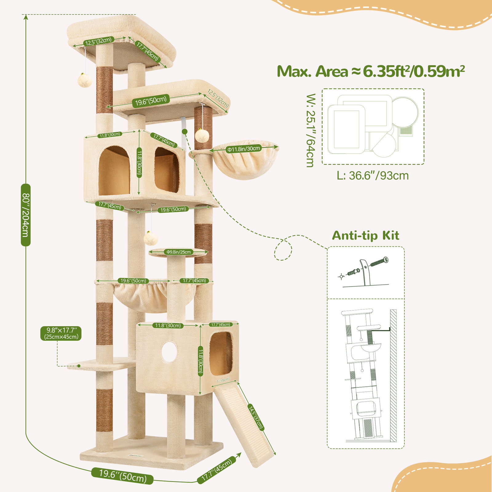 F80G Tall Cat Tree(Beige,80-inch)