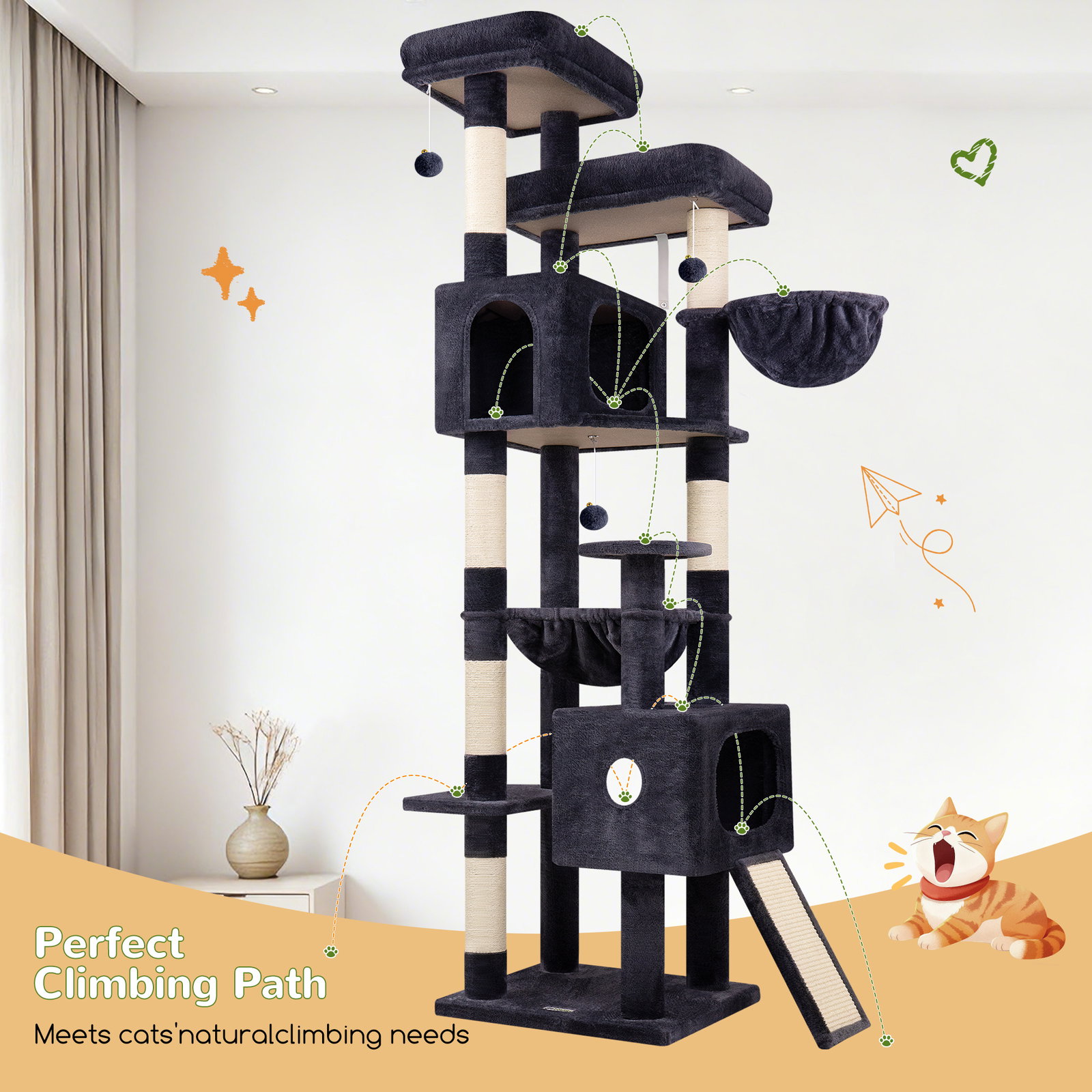 F80G Tall Cat Tree(Dark Grey,80-inch)