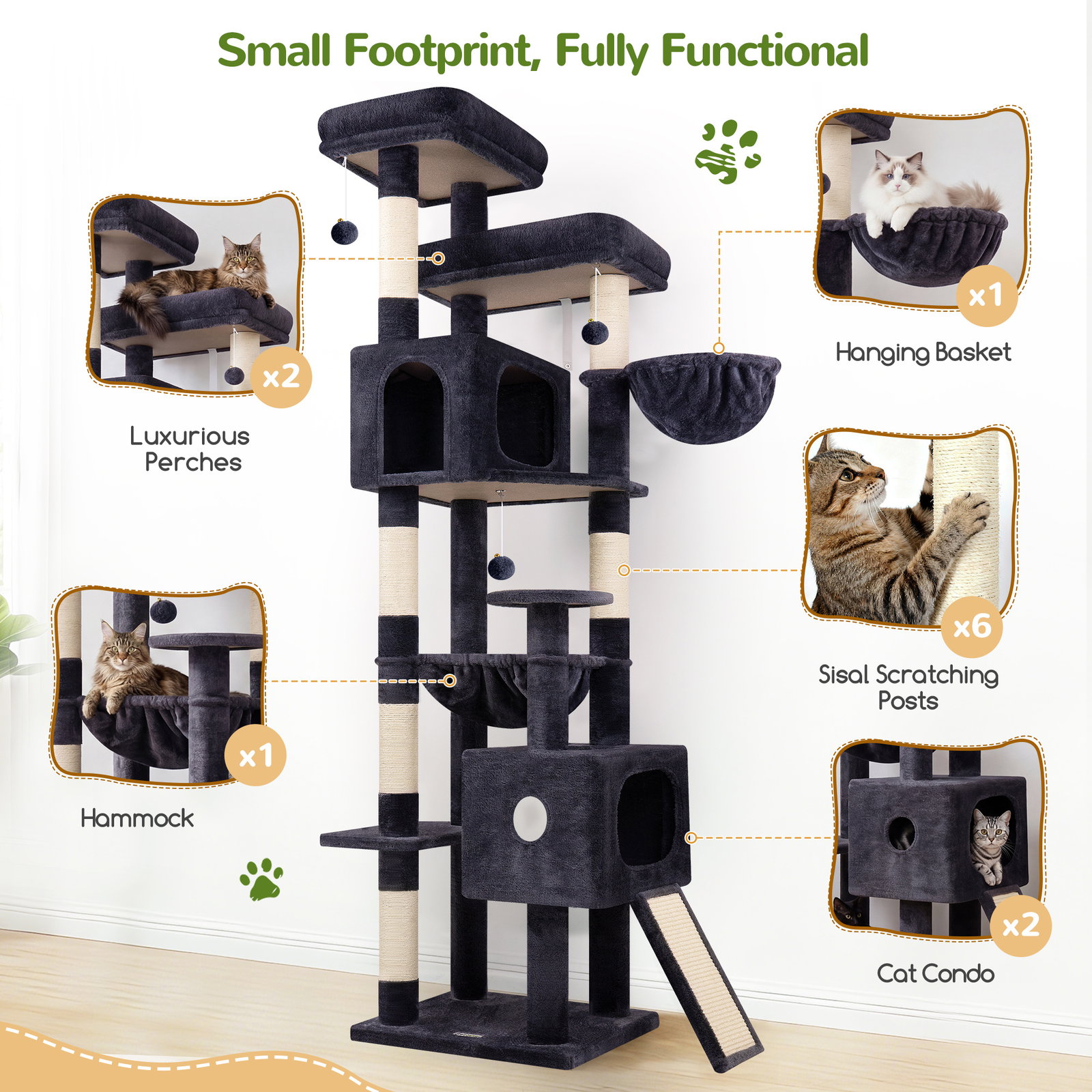 F80G Tall Cat Tree(Dark Grey,80-inch)