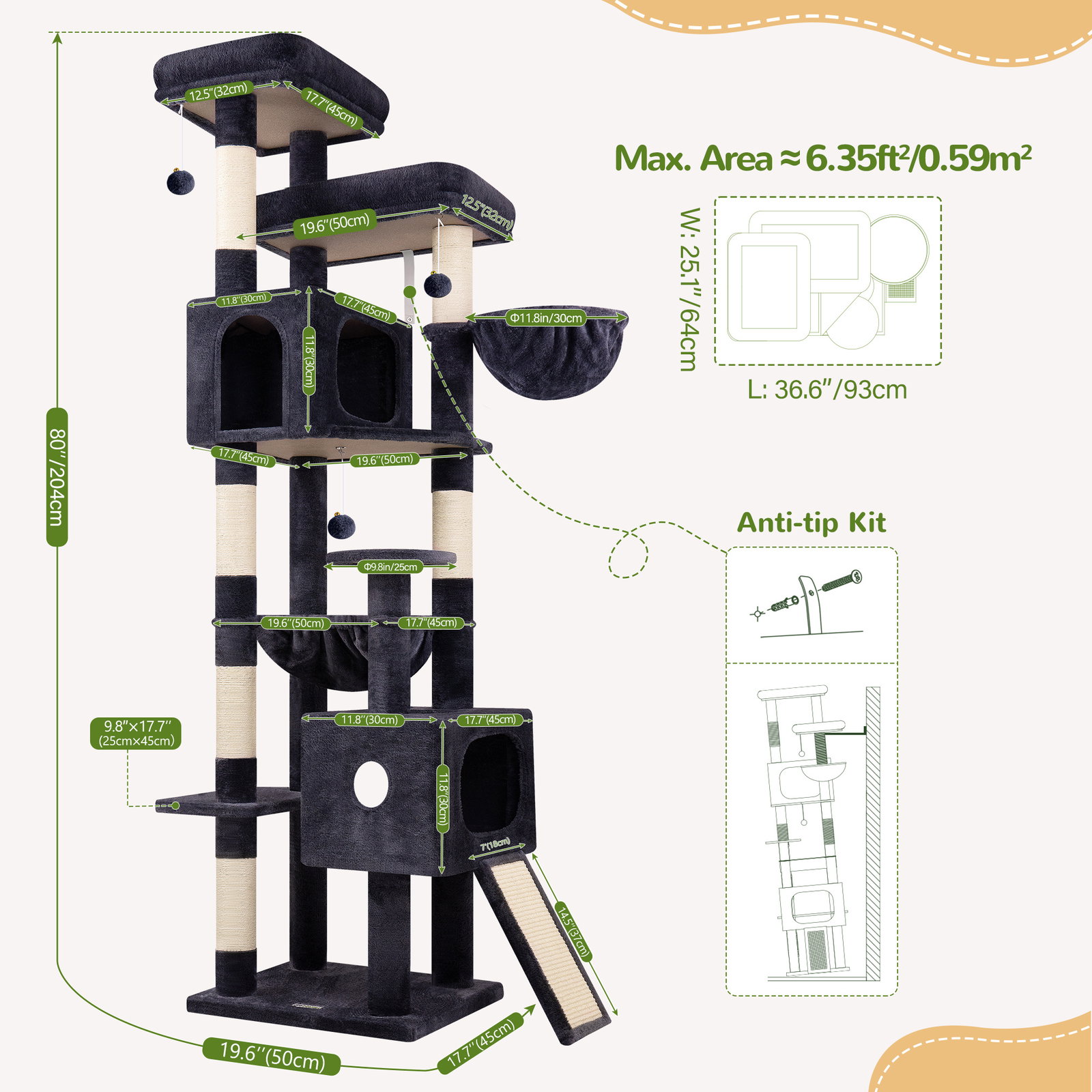 F80G Tall Cat Tree(Dark Grey,80-inch)