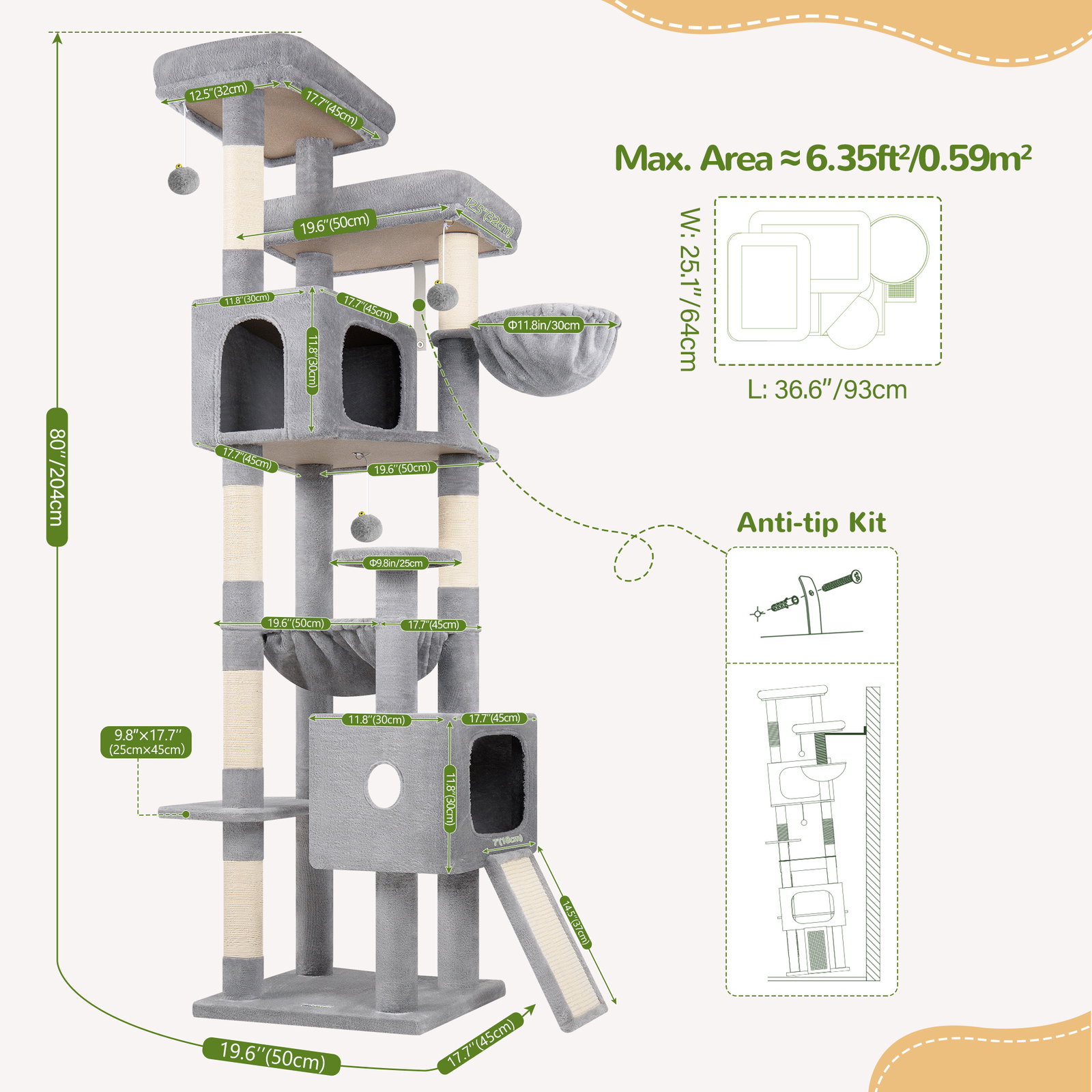 F80G Tall Cat Tree(Light Grey,80-inch)