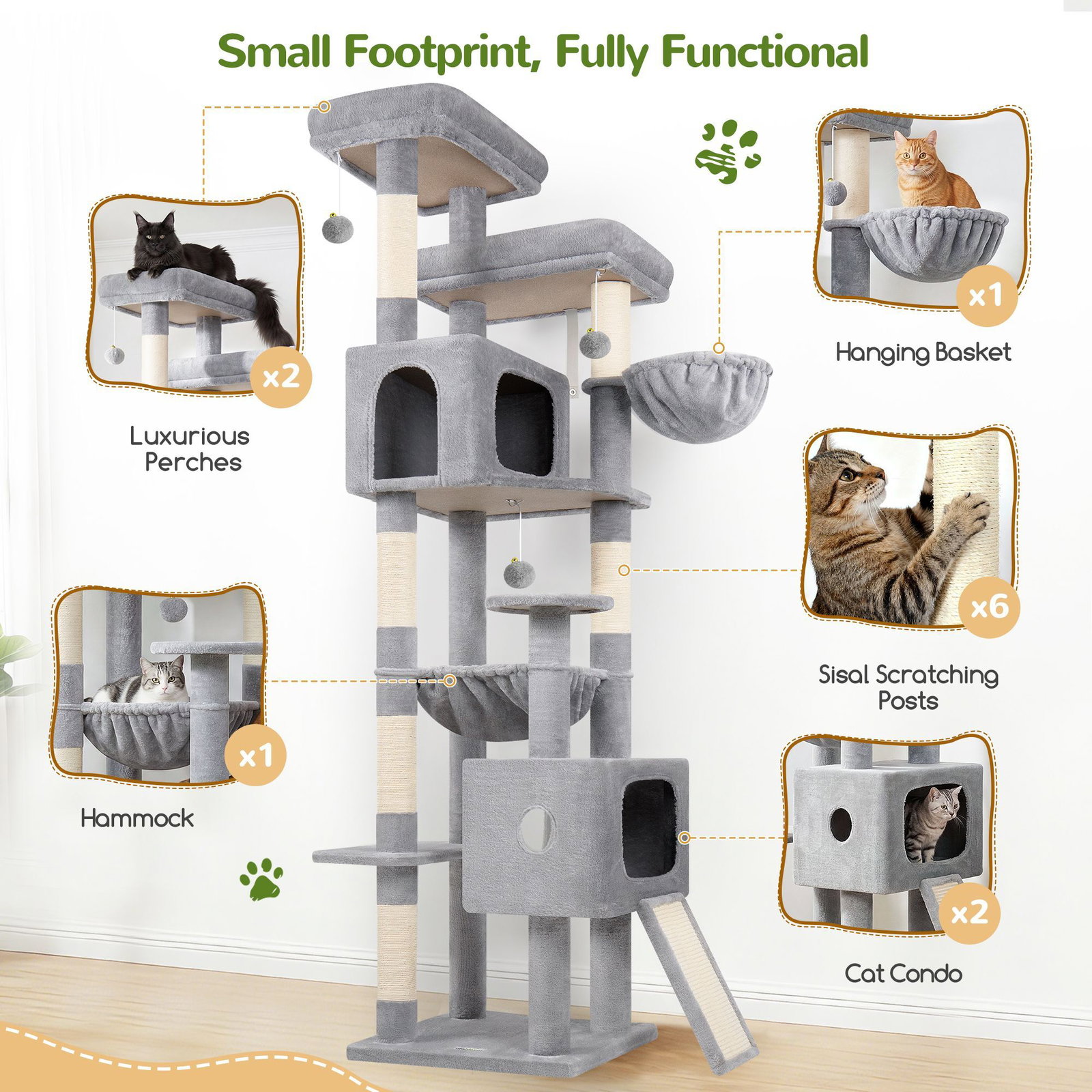 F80G Tall Cat Tree(Light Grey,80-inch)
