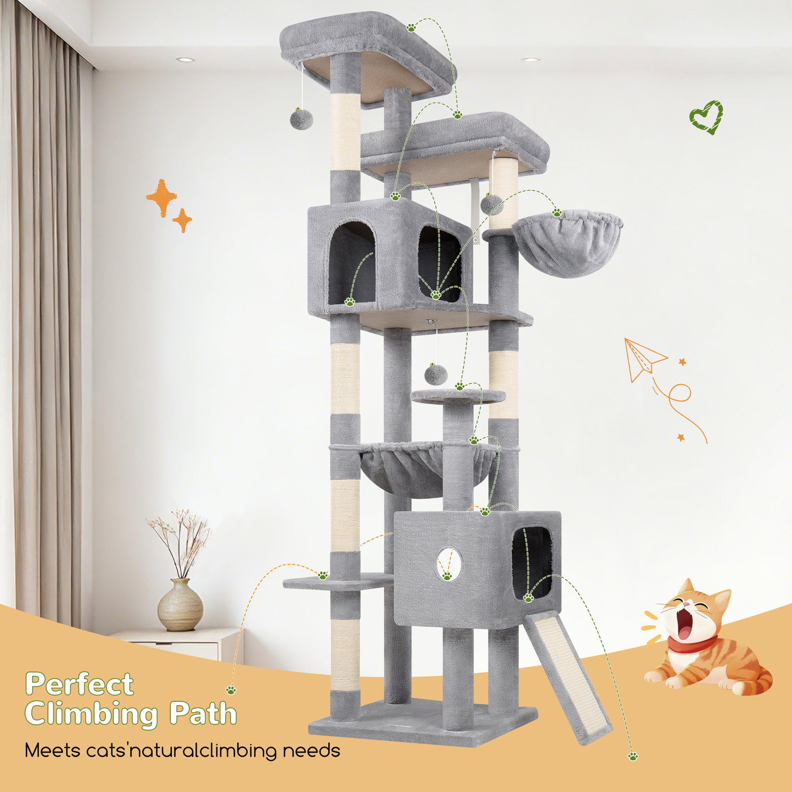 F80G Tall Cat Tree(Light Grey,80-inch)