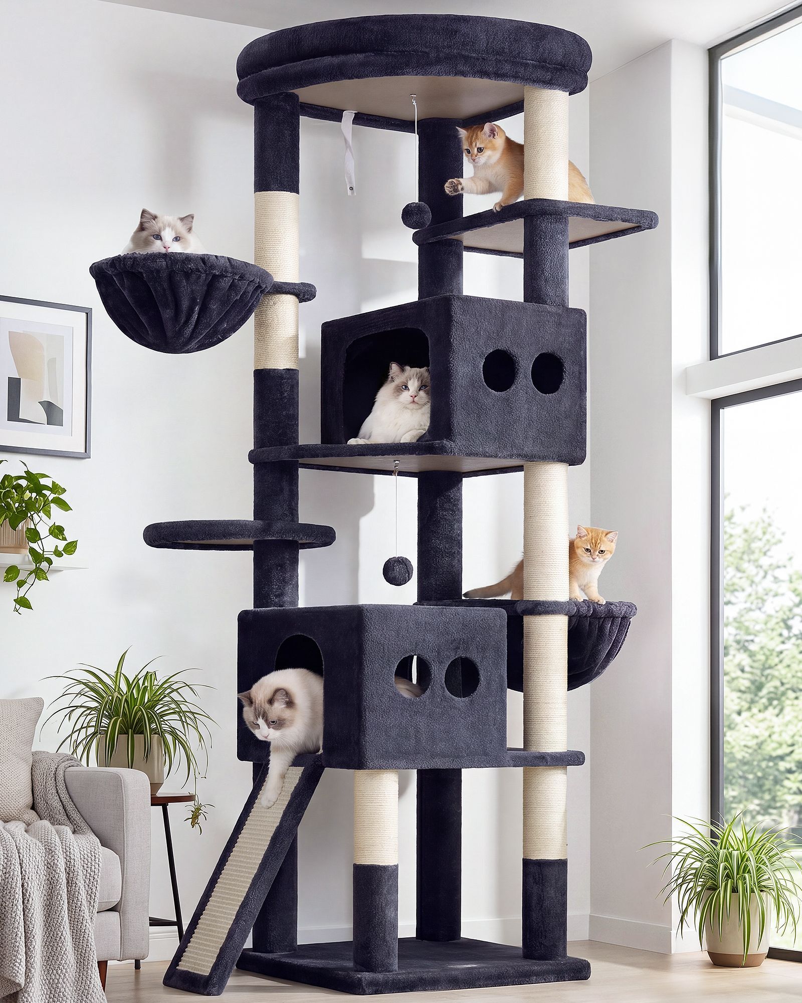 S74G Tall Cat Tree(Dark Grey,74-inch)