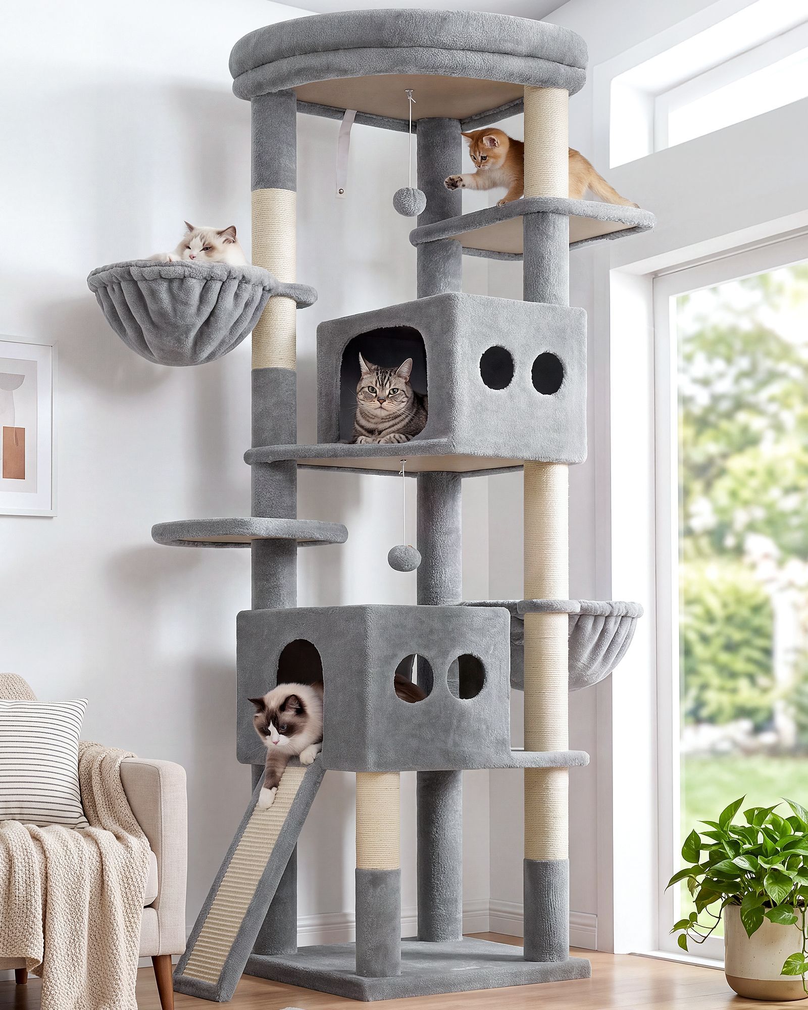 S74G Tall Cat Tree(Light Grey,74-inch)