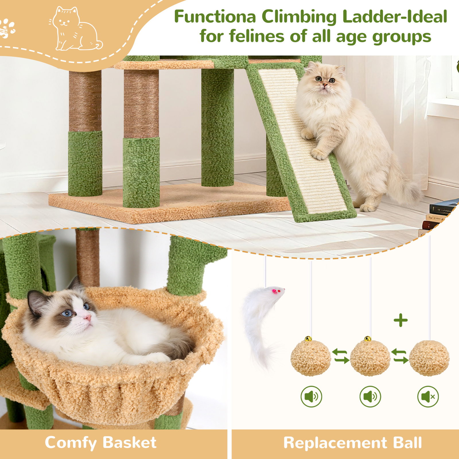 F83D Cat Tree For Large Cats(Cactus Green,83-inch)