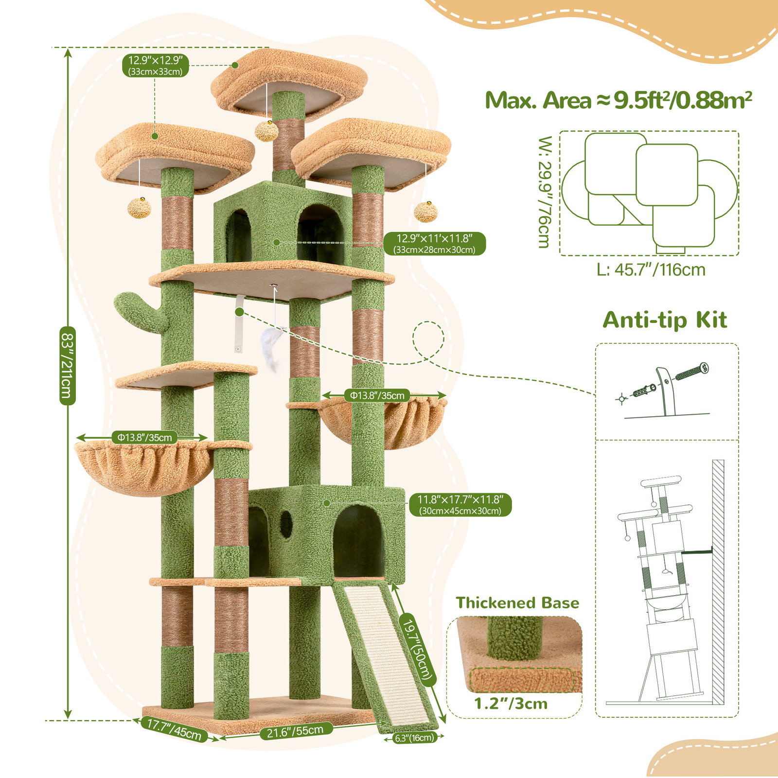 F83D Cat Tree For Large Cats(Cactus Green,83-inch)