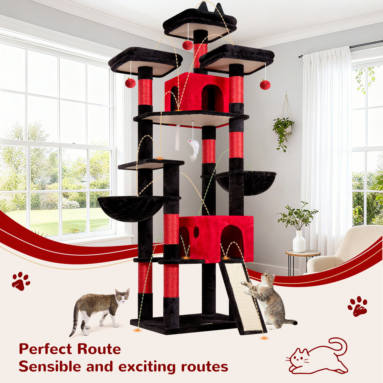 F83D Cat Tree For Large Cats(Gothic Red Black,83-inch)