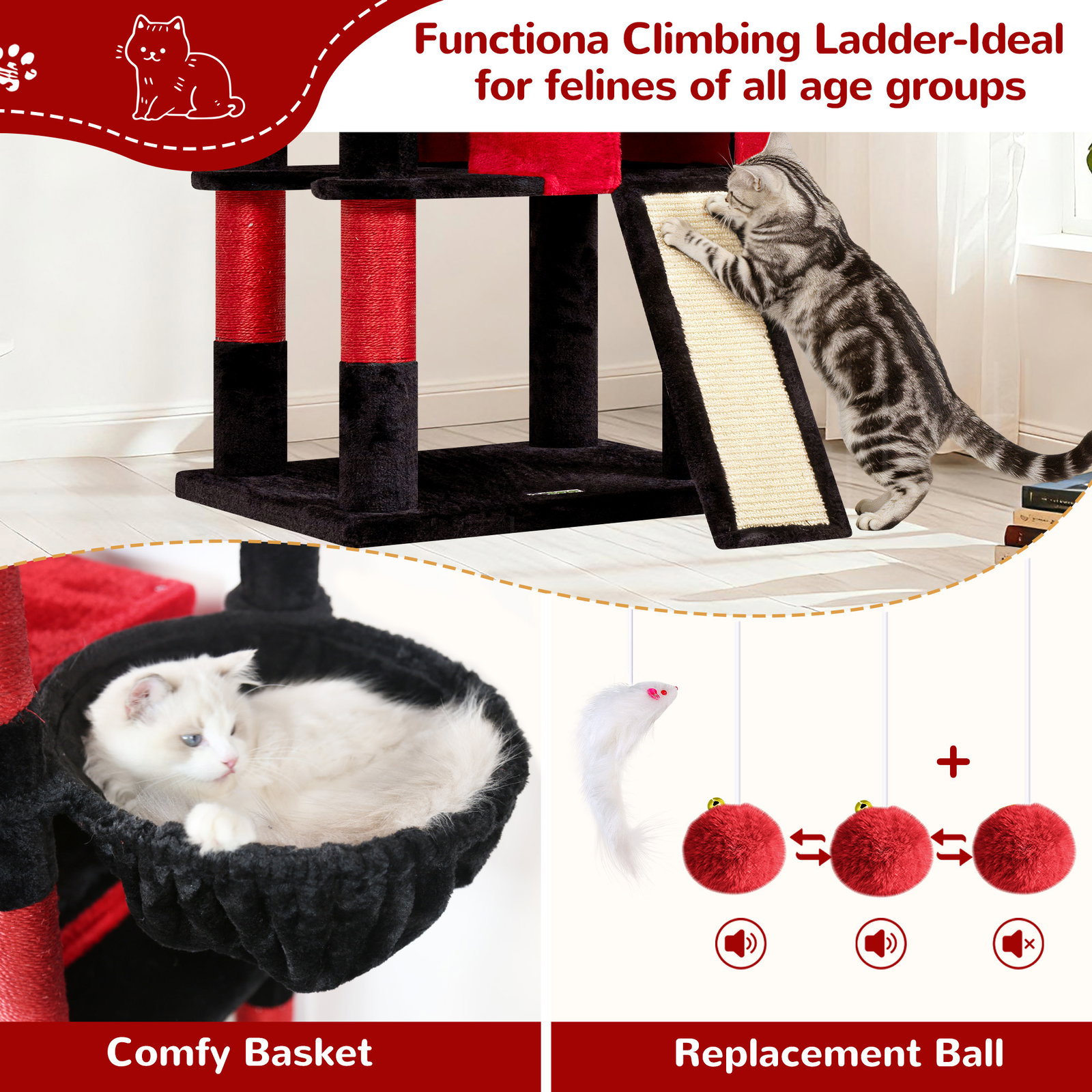 F83D Cat Tree For Large Cats(Gothic Red Black,83-inch)